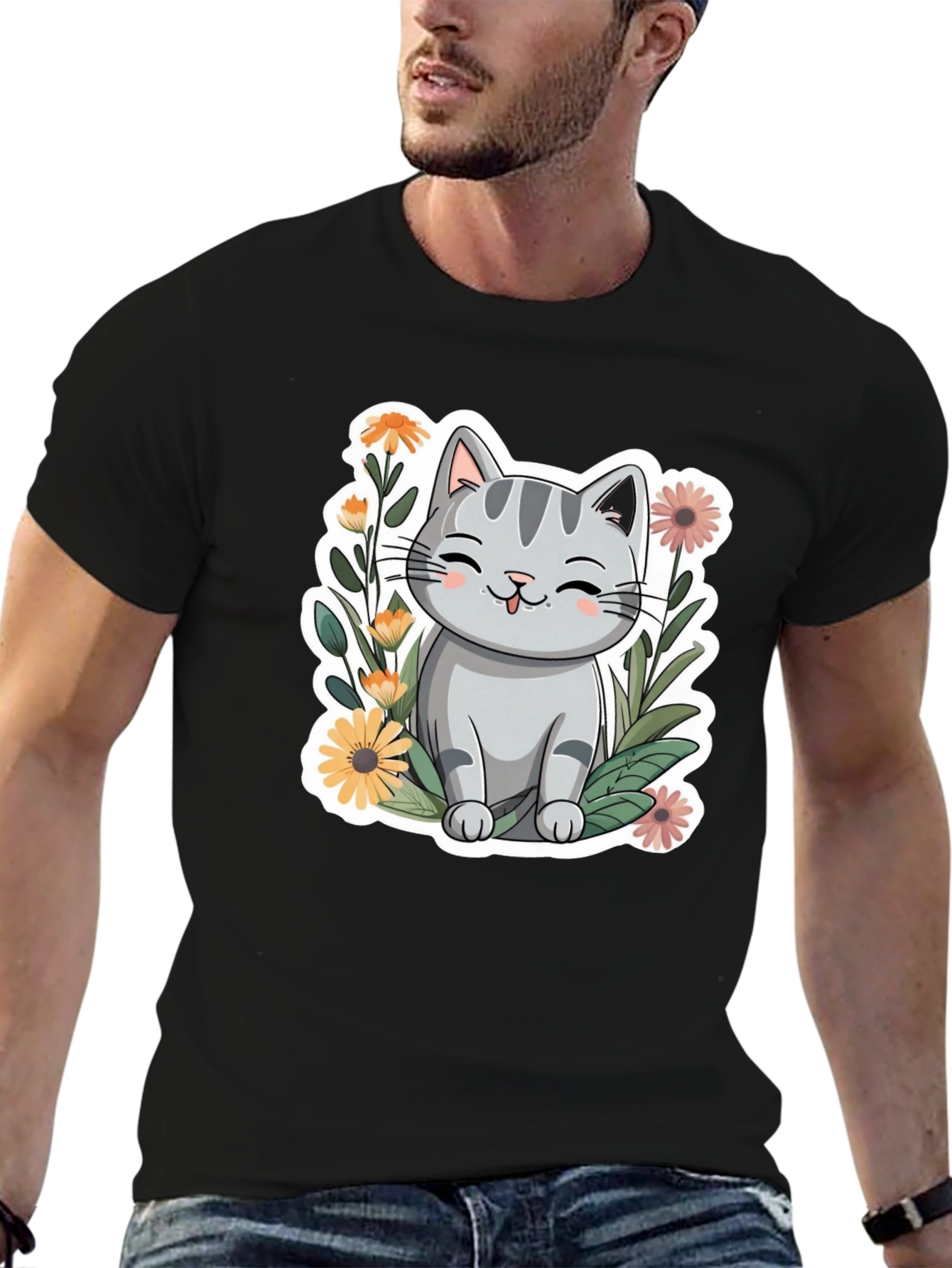 Black Cute Cat in Flowers Black T-Shirt view 6