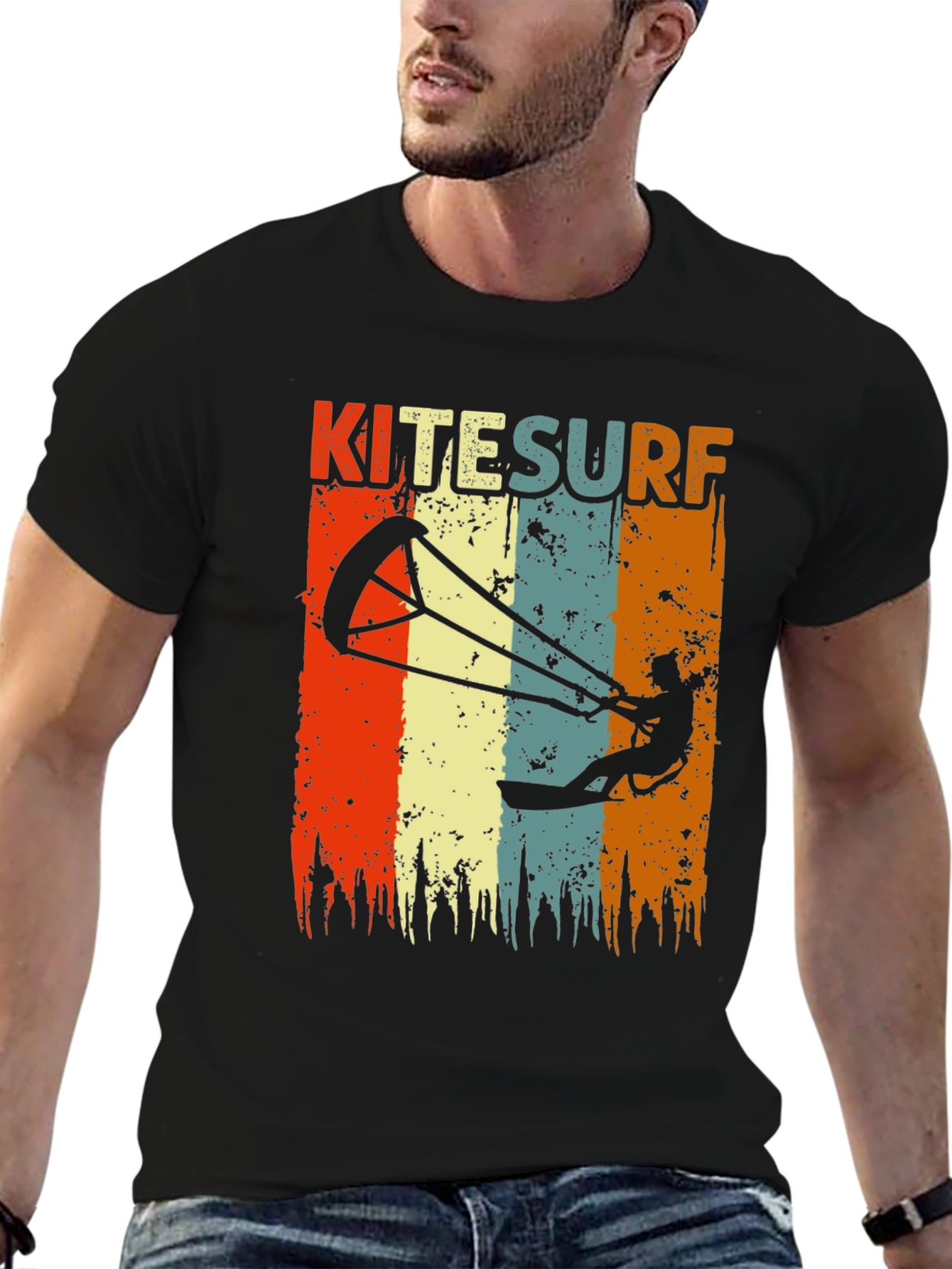 Black Kitesurf Retro Graphic T-Shirt | Vintage Style Surfing Tee view 6