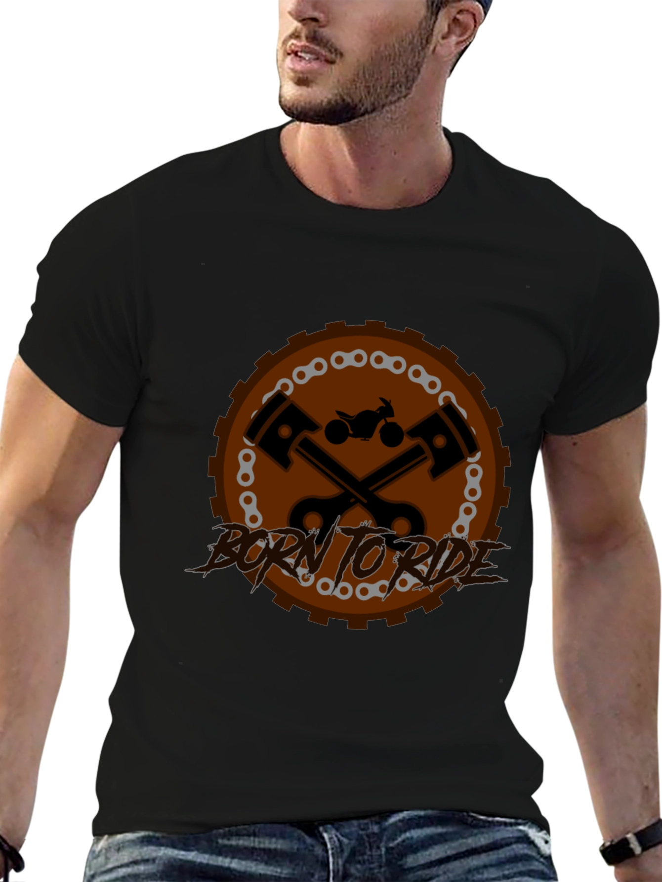 Black Born to Ride Motorcycle Graphic Black T-Shirt view 6