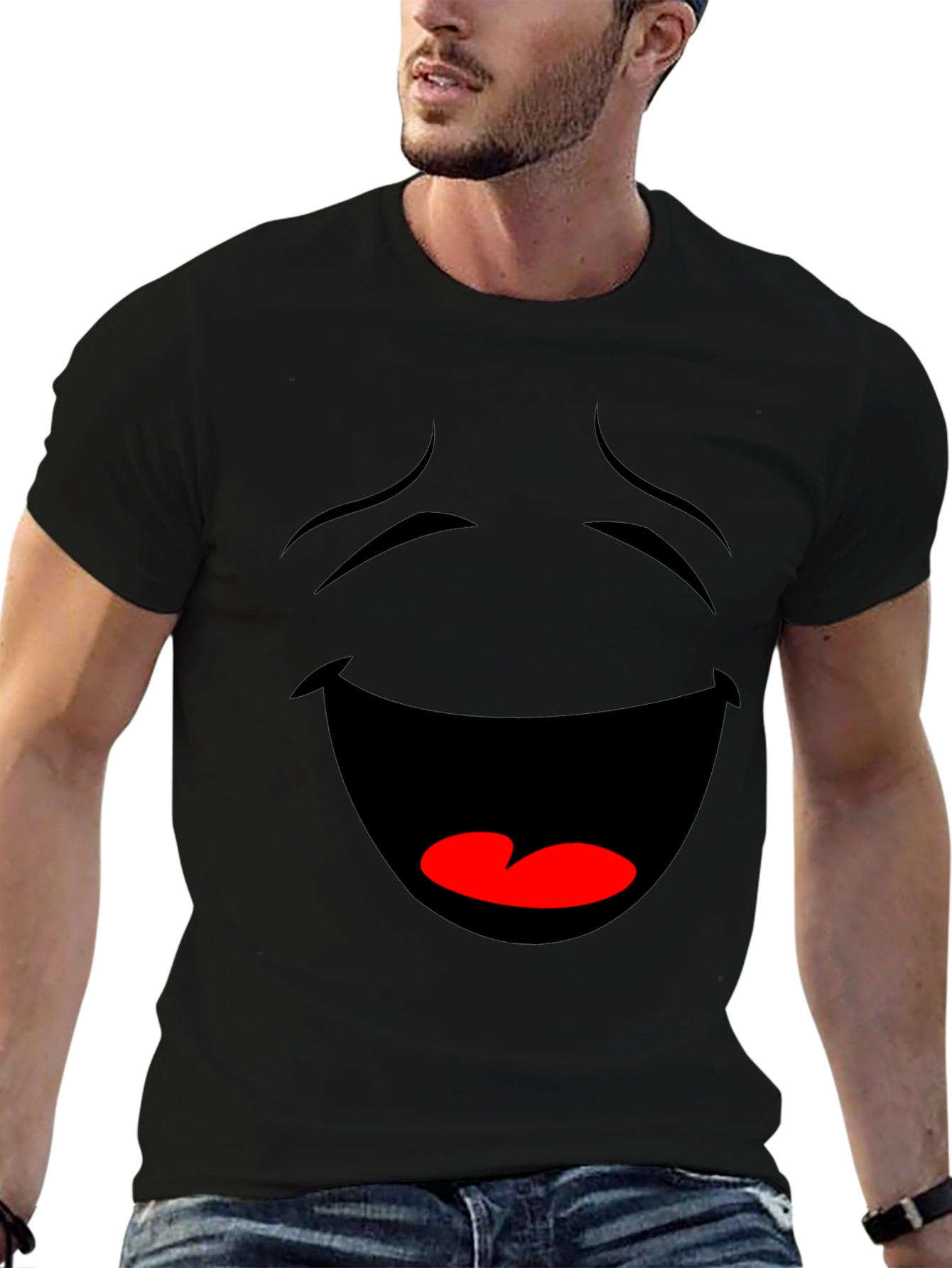 Black Laughing Face Graphic Tee - Black Cotton T-Shirt view 6