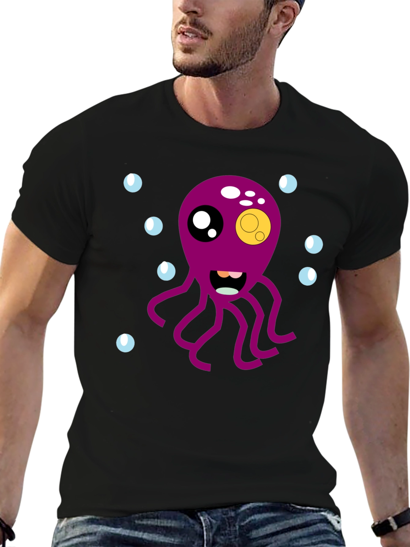 Black Cute Octopus Cartoon Graphic T-Shirt - Black view 6