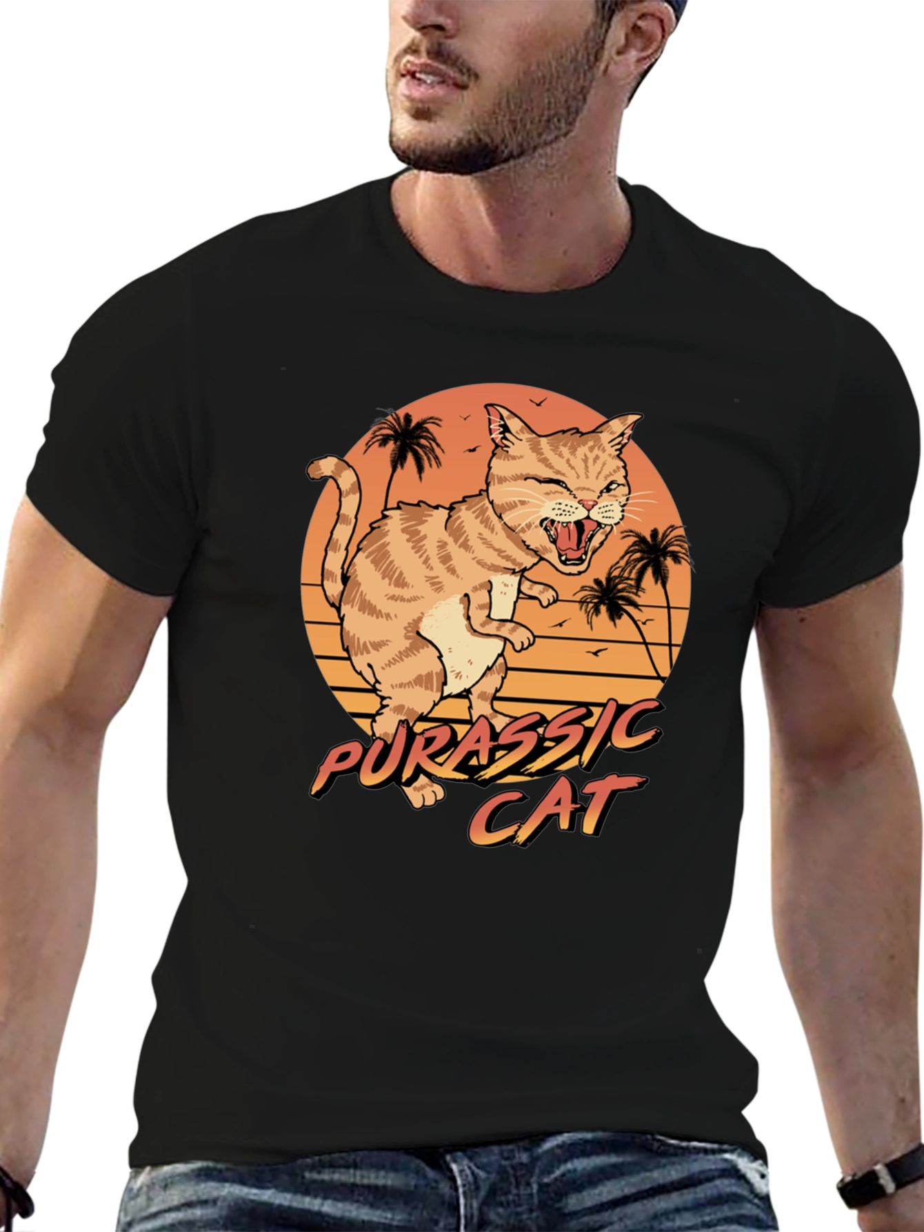 Black Jurassic Cat Graphic T-Shirt - Retro Style view 6