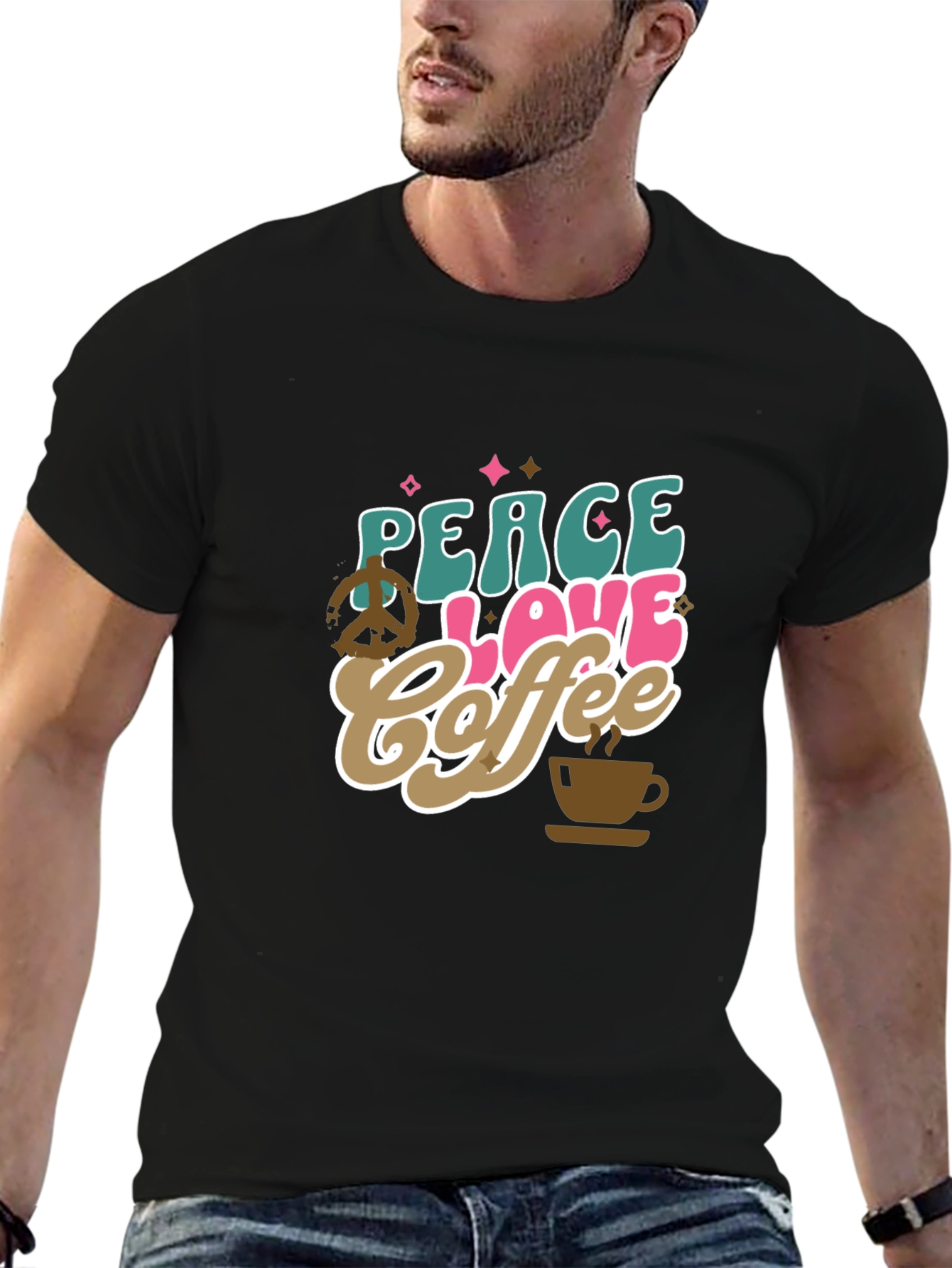 Black Peace Love Coffee Graphic T-Shirt - Trendy Design view 6