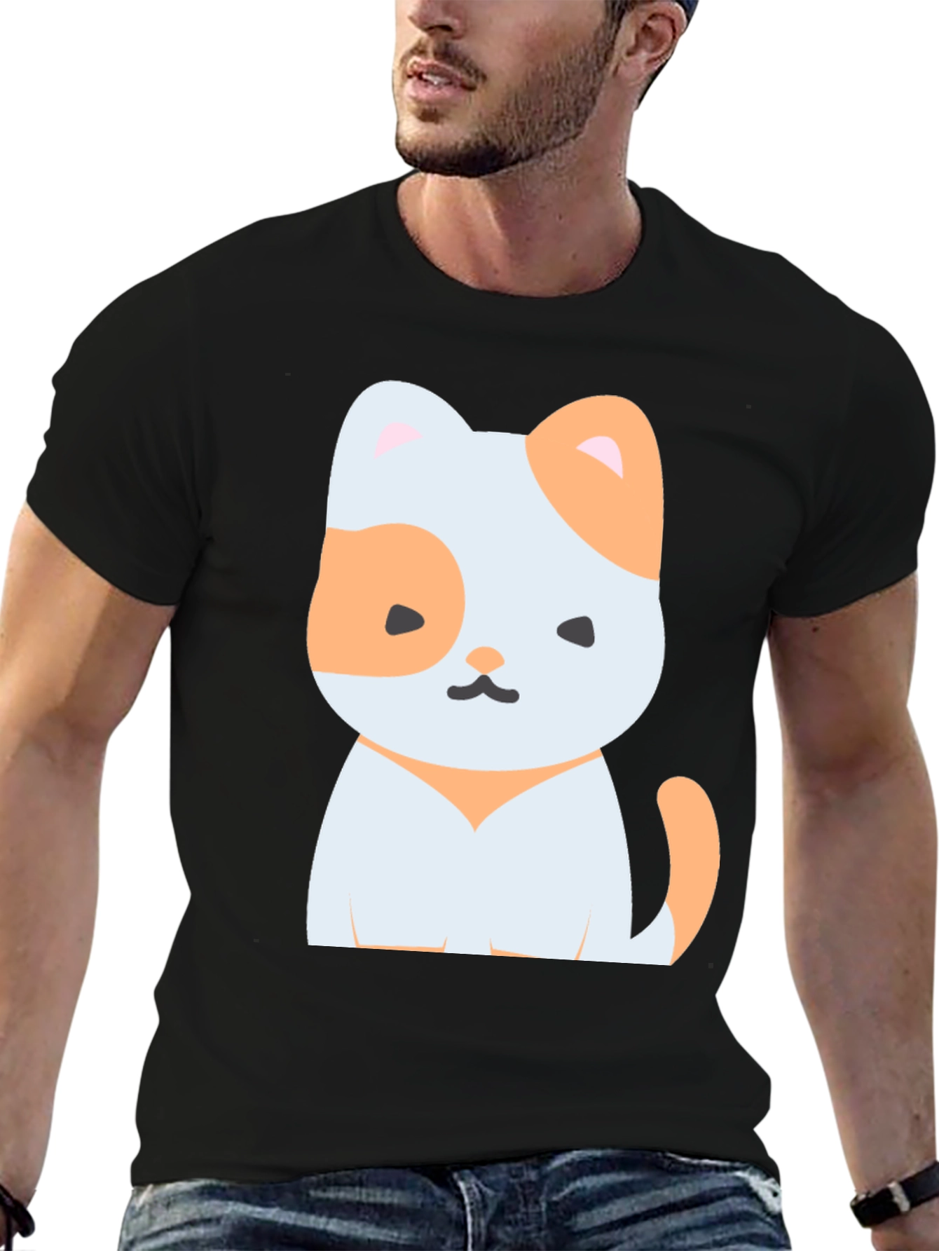 Black Cute Cartoon Cat Graphic Tee - Unisex Black T-Shirt view 6