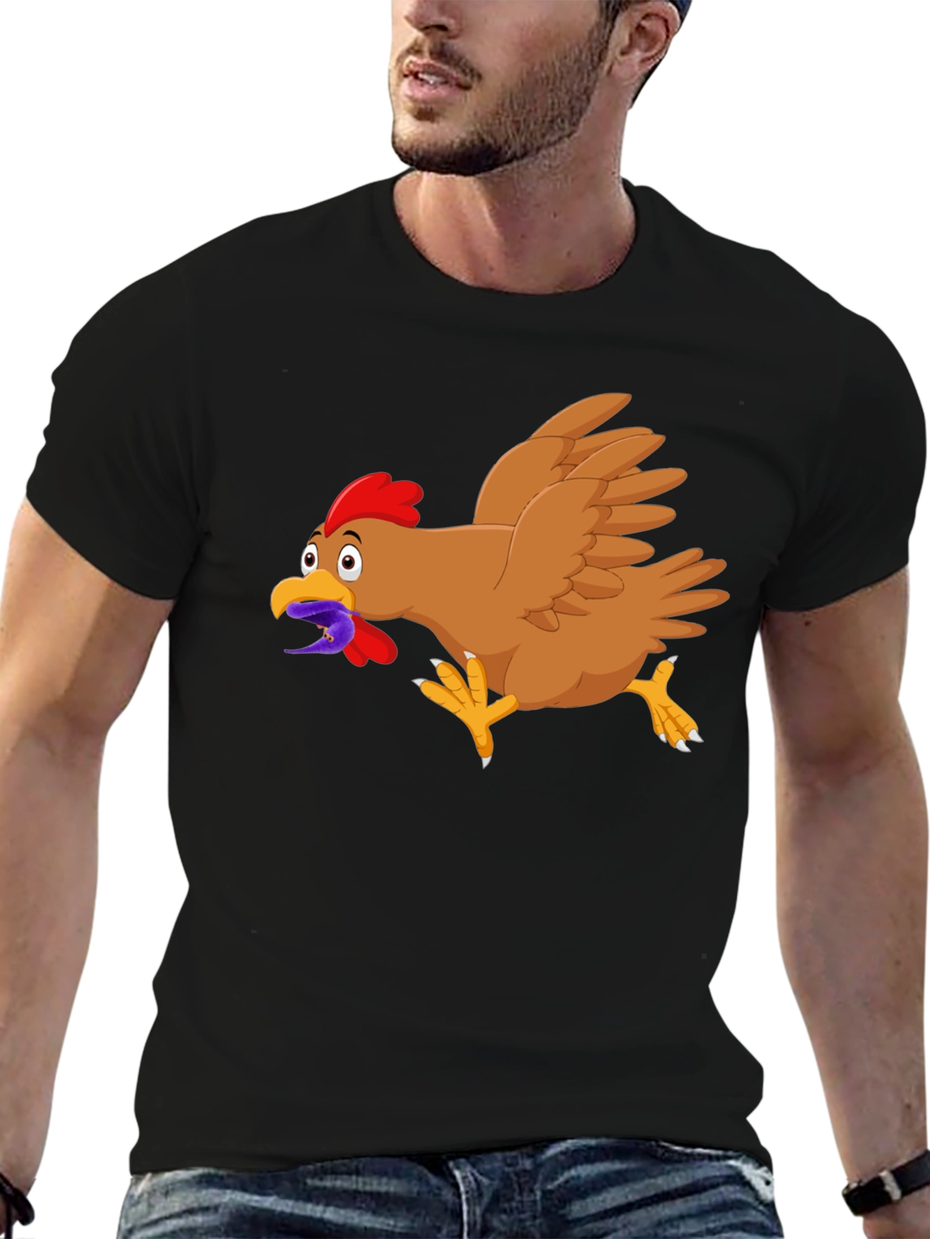 Black Funny Chicken Worm Cartoon Black T-Shirt view 6