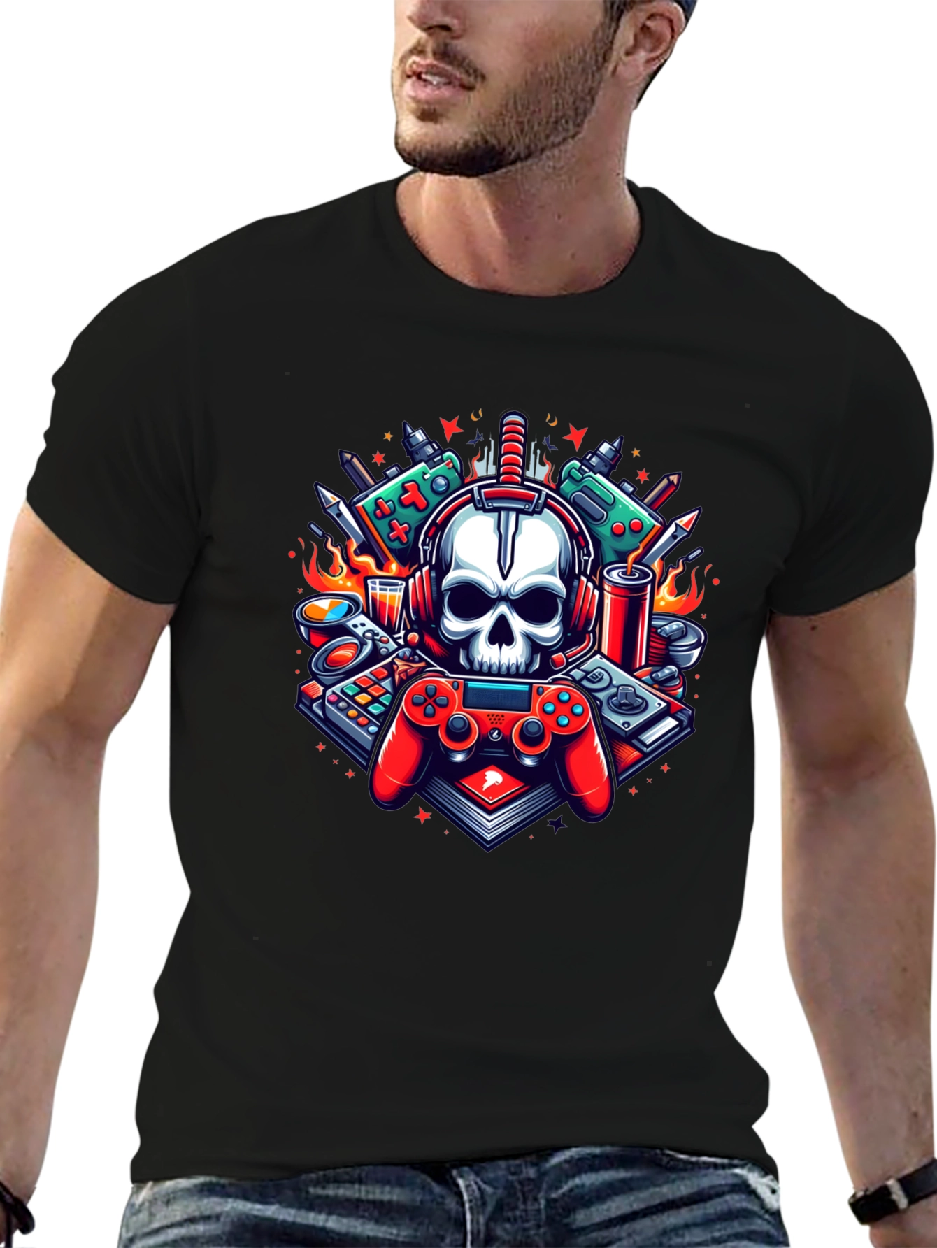 Black Gamer Skull Graphic T-Shirt - Cool Design! view 6