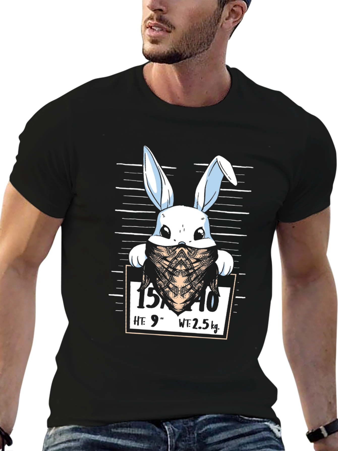 Black Funny Bunny Mugshot Black Graphic T-Shirt view 6