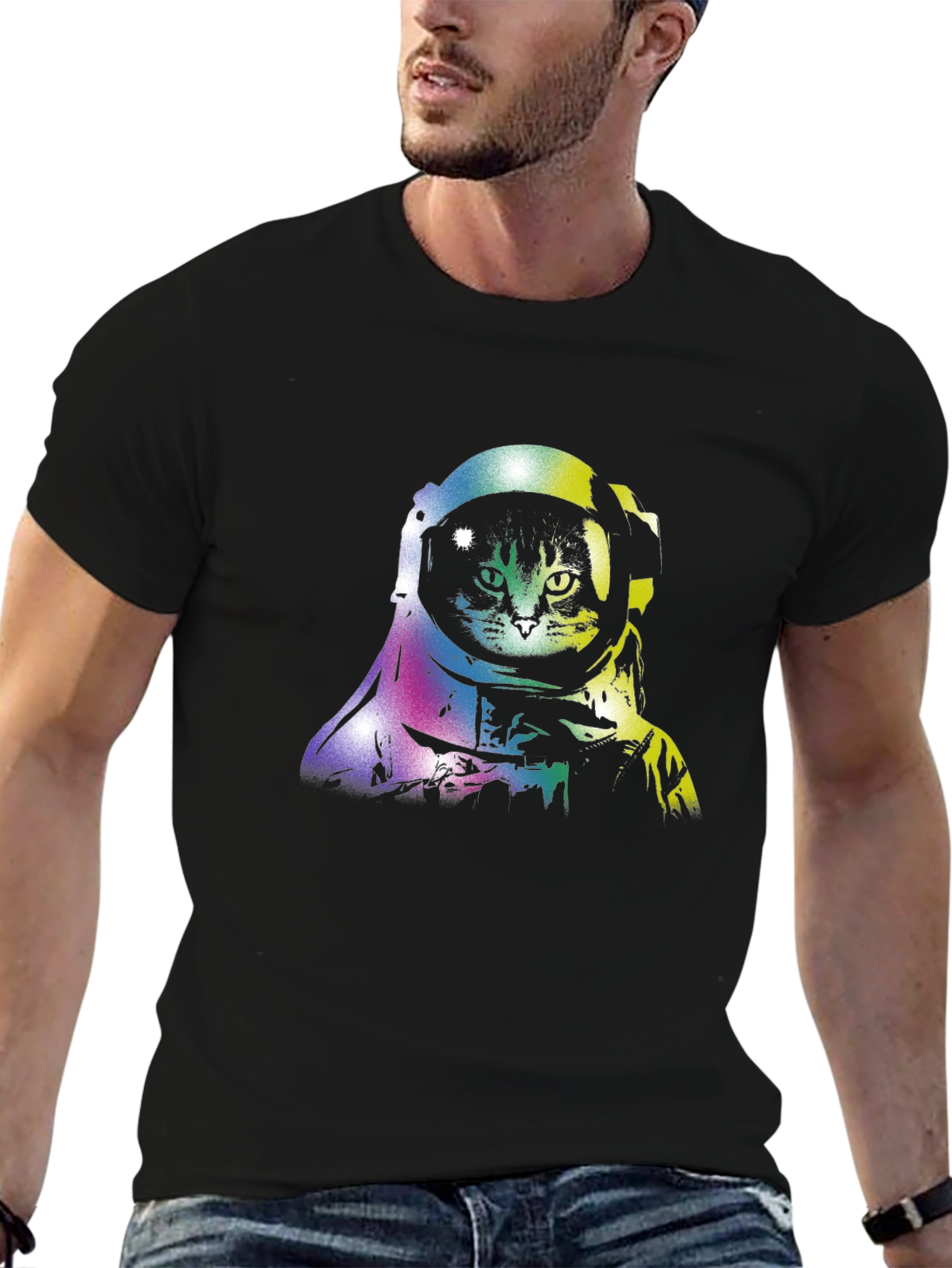 Black Astronaut Cat Black T-Shirt, Space Lover Tee view 6