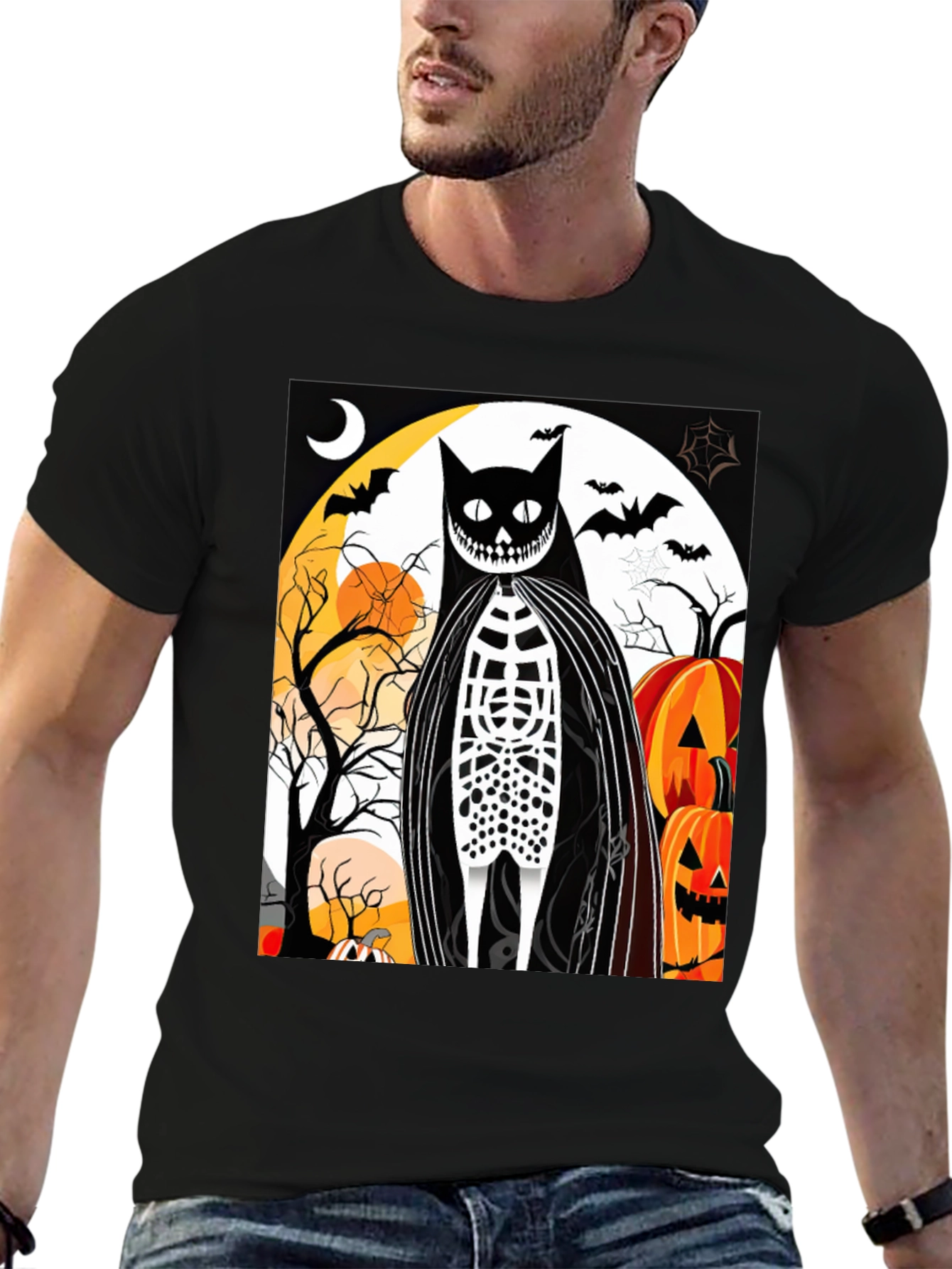 Black Halloween Cat Skeleton Graphic T-Shirt view 6