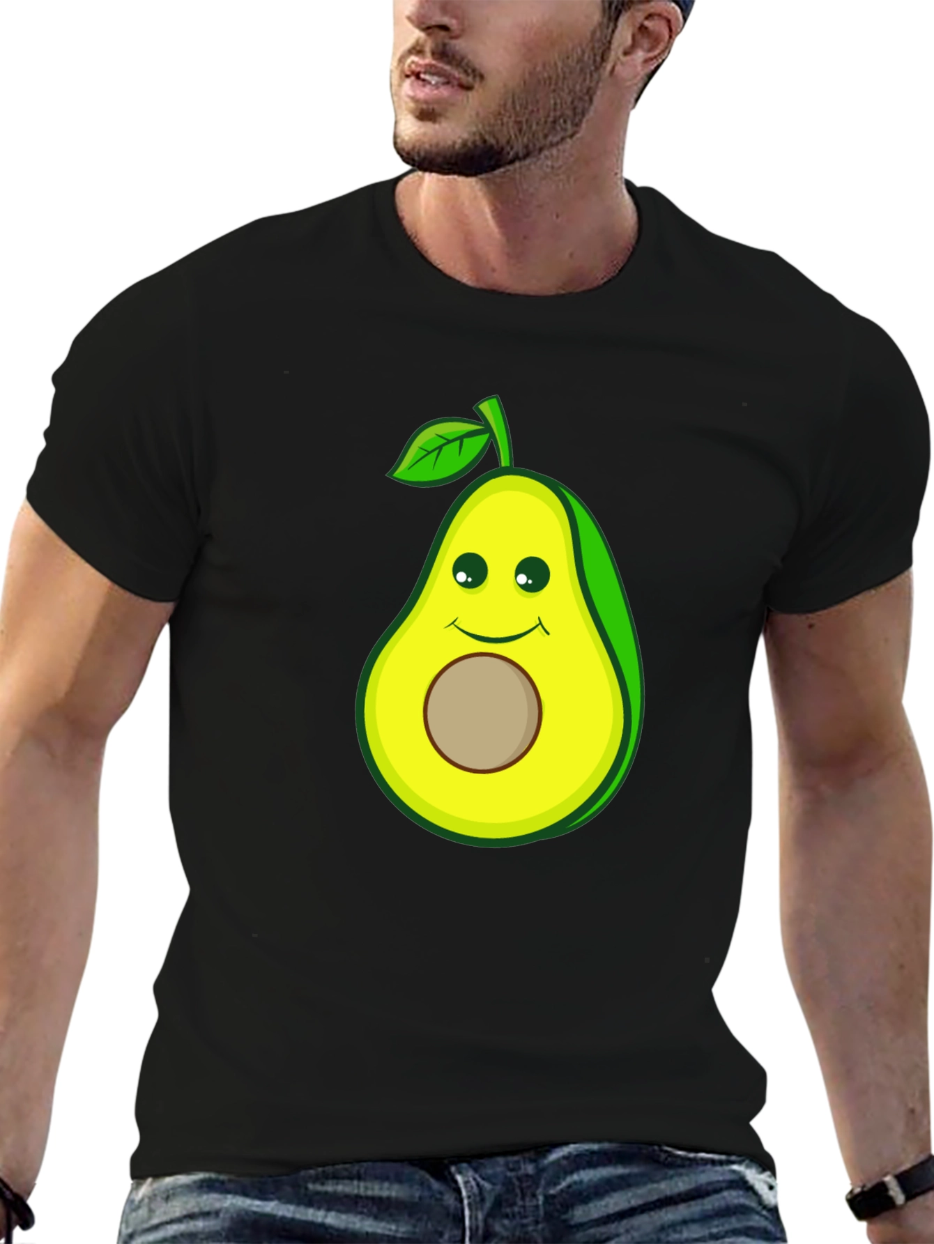 Black Funny Avocado Cartoon Graphic Tee - Black Cotton T-Shirt view 6