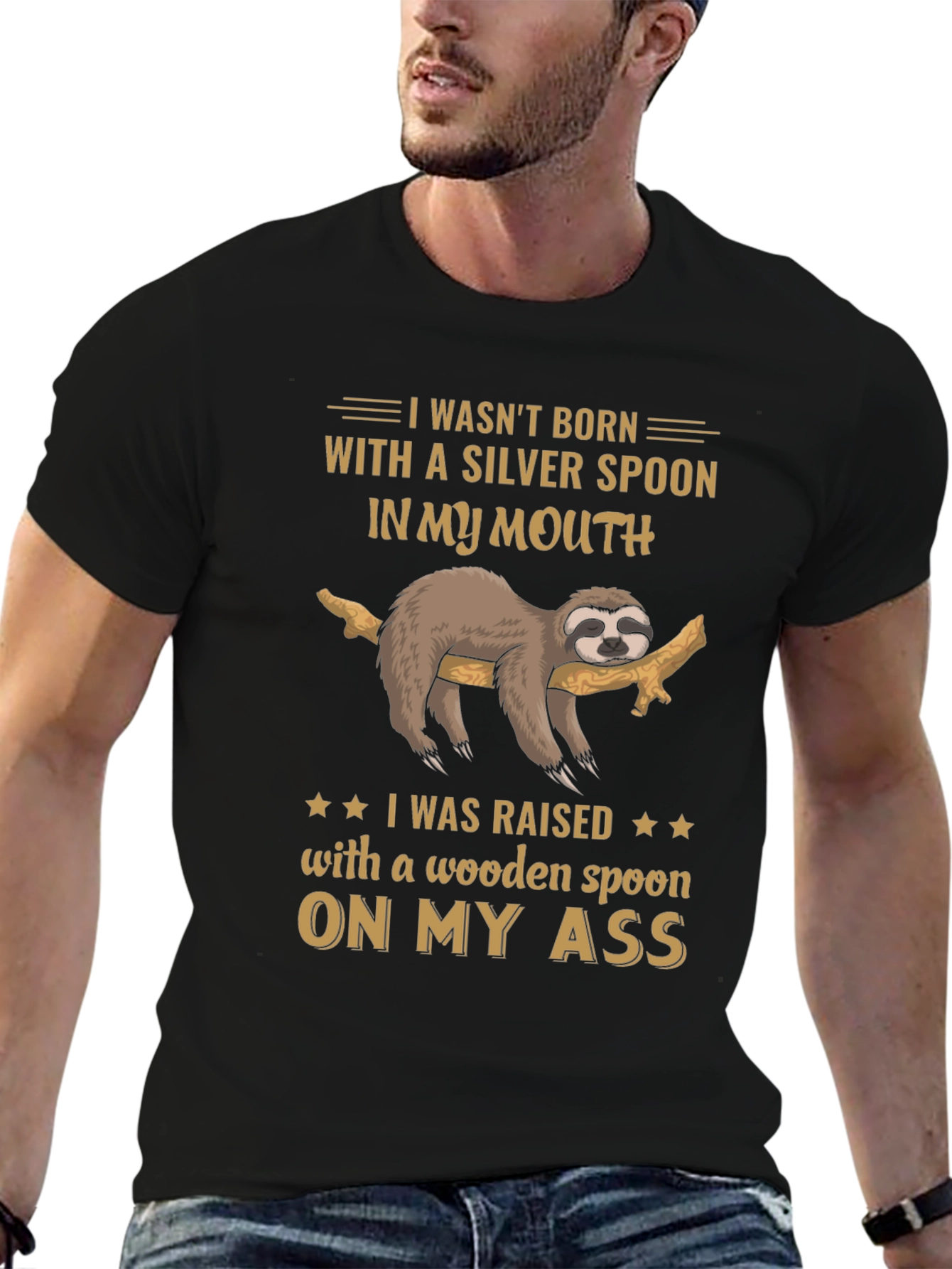 Black Funny Sloth T-Shirt - Wooden Spoon On My Ass view 6