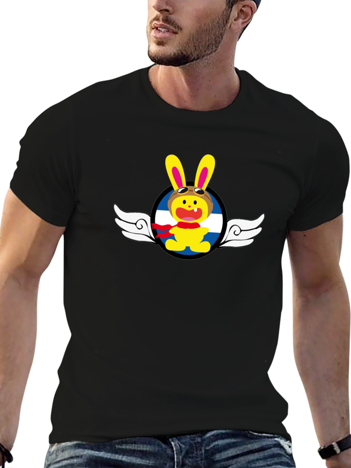 Black Cartoon Aviator Rabbit Graphic T-Shirt view 6