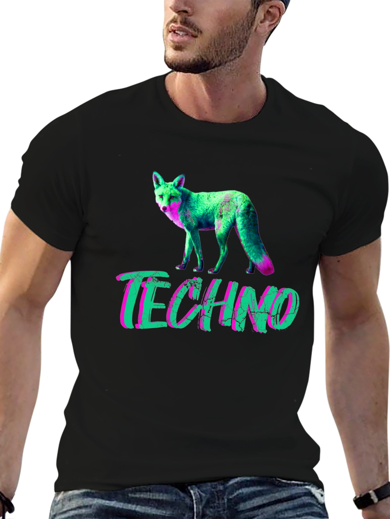 Black Techno Fox Graphic T-Shirt - Neon Style view 6
