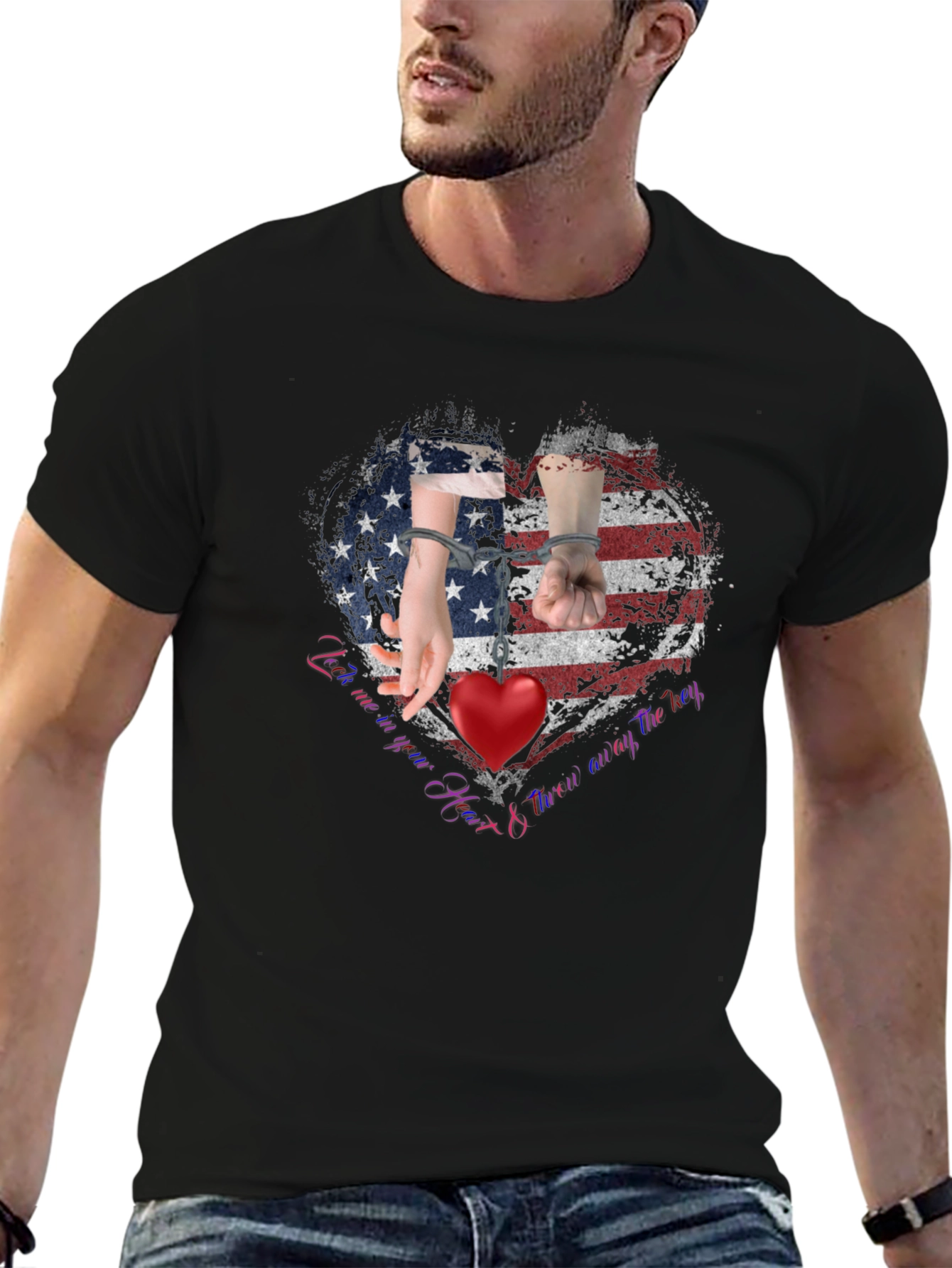 Black American Heart Handcuff Graphic T-Shirt view 6