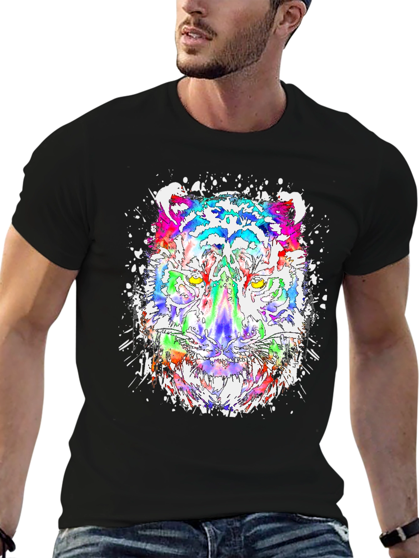 Black Vibrant Tiger Graphic Tee - Cool Colorful Design view 6