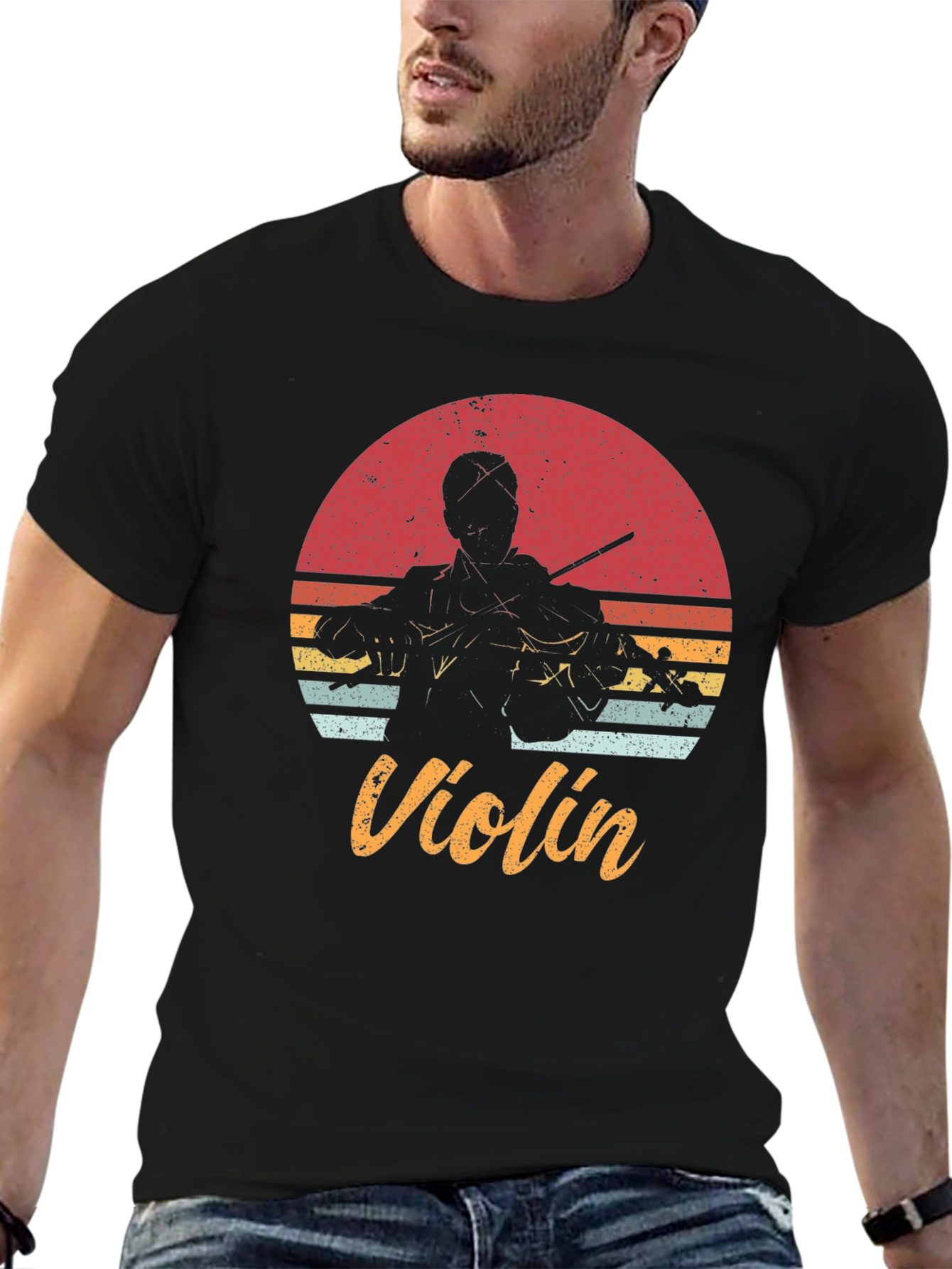 Black Retro Violin T-Shirt - Musician's Sunset Tee view 6