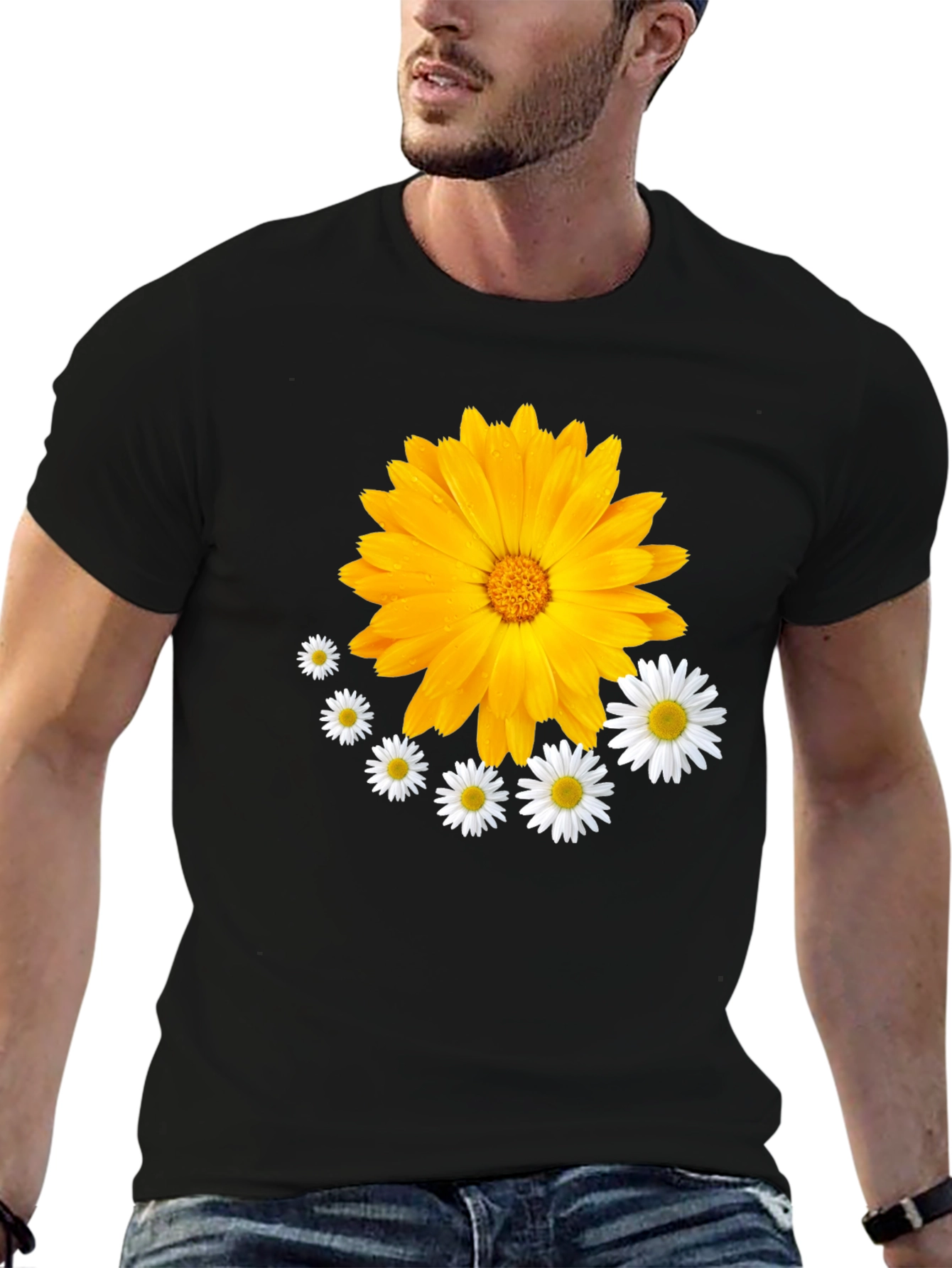Black Floral T-Shirt: Calendula & Daisy Design view 6