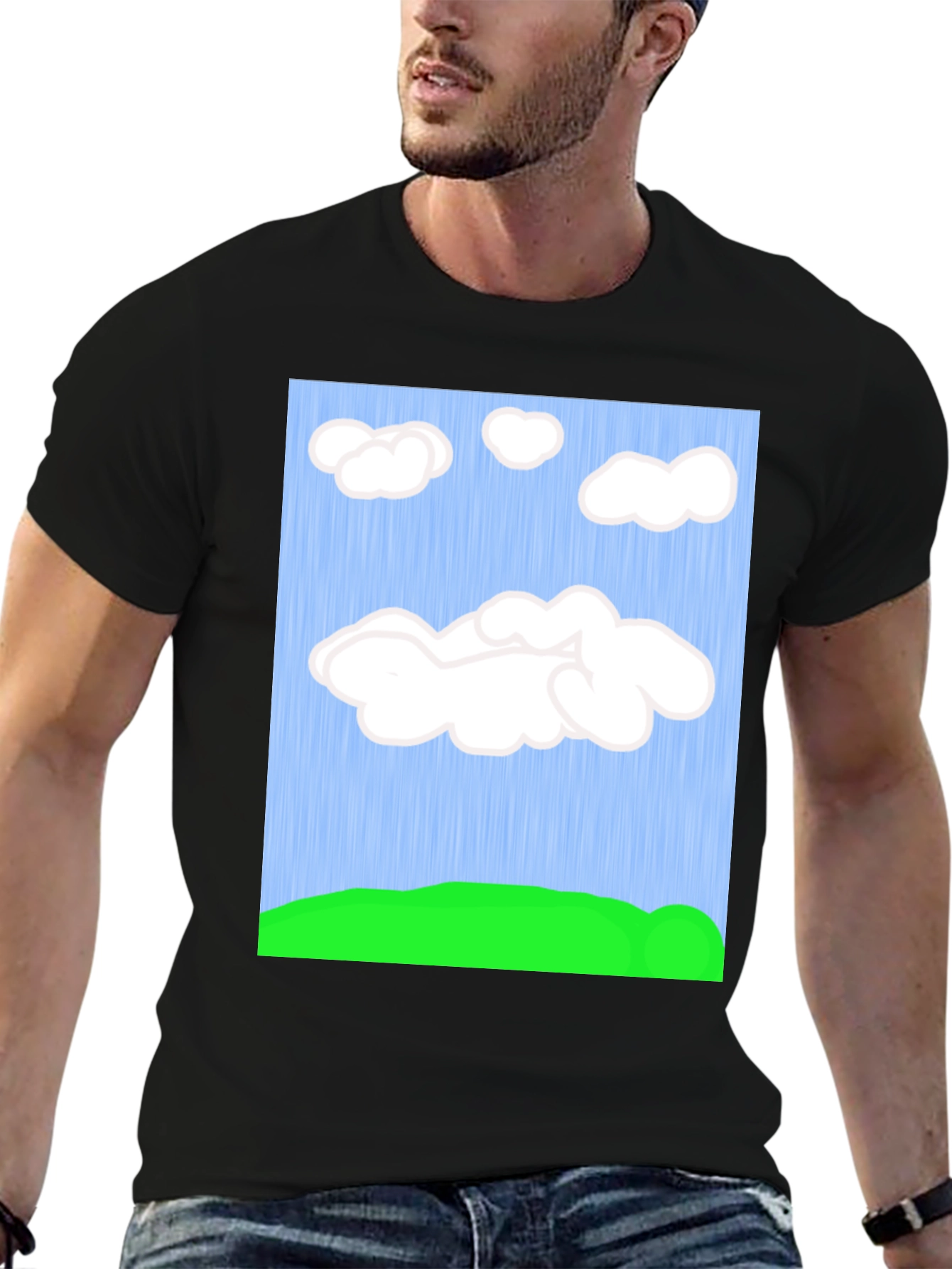 Black Cartoon Clouds T-Shirt - Sky & Green Field Design view 6