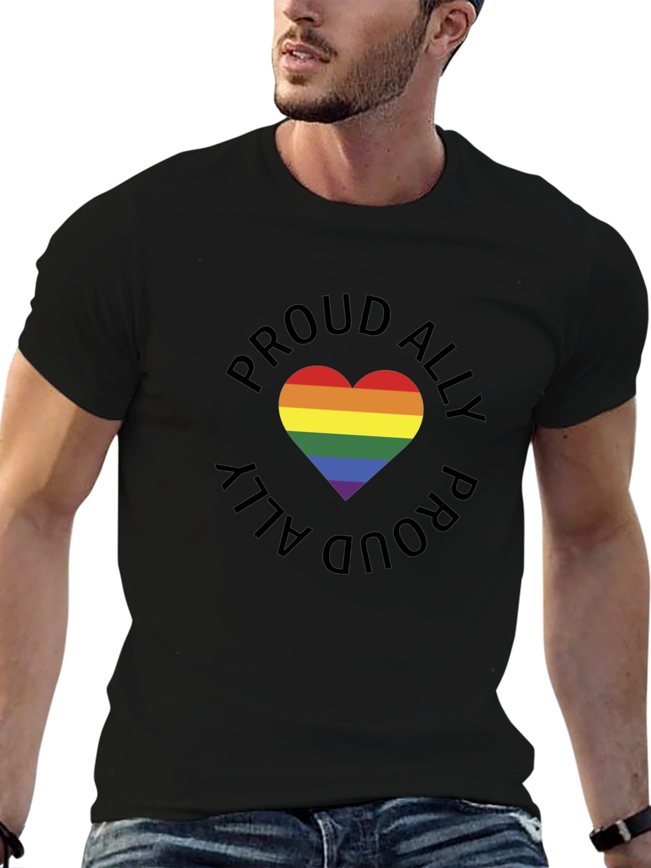 Black Proud Ally Rainbow Heart Graphic Tee - Black view 6
