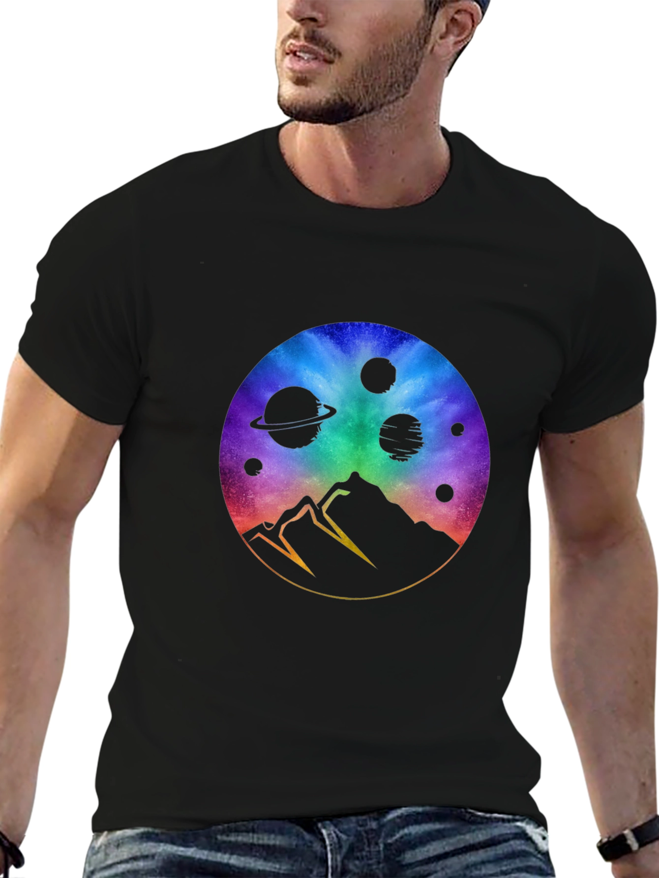 Black Cosmic Mountain Black T-Shirt - Galaxy Design view 6