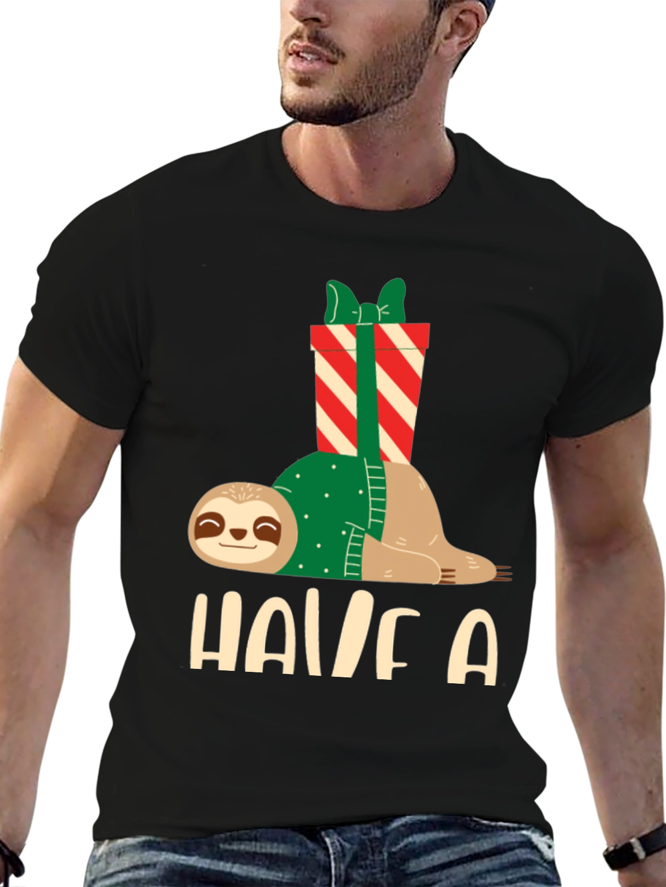 Black Holiday Sloth T-Shirt - Festive Relaxed Fit view 6