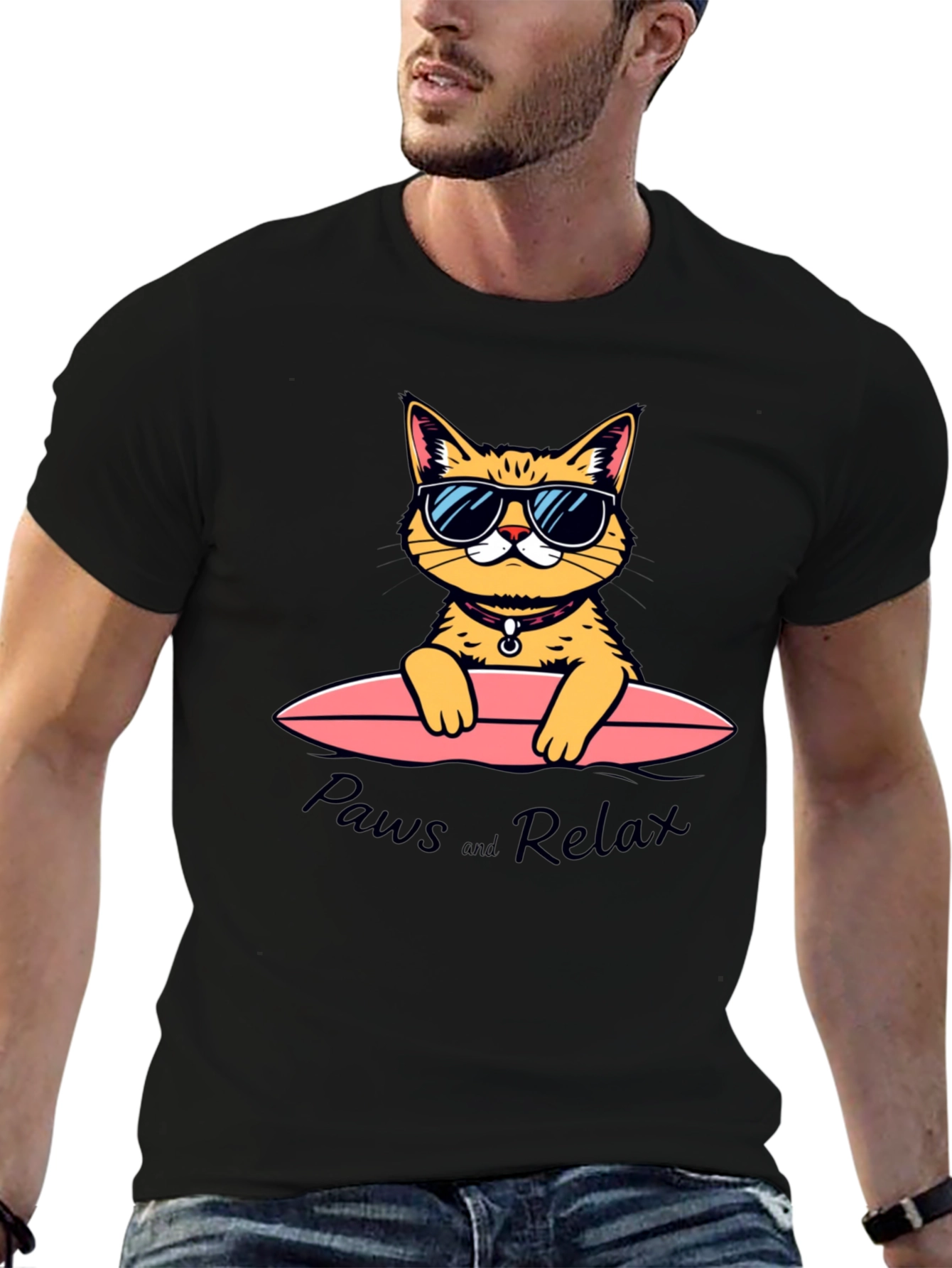Black Paws and Relax Cat Surfing T-Shirt view 6