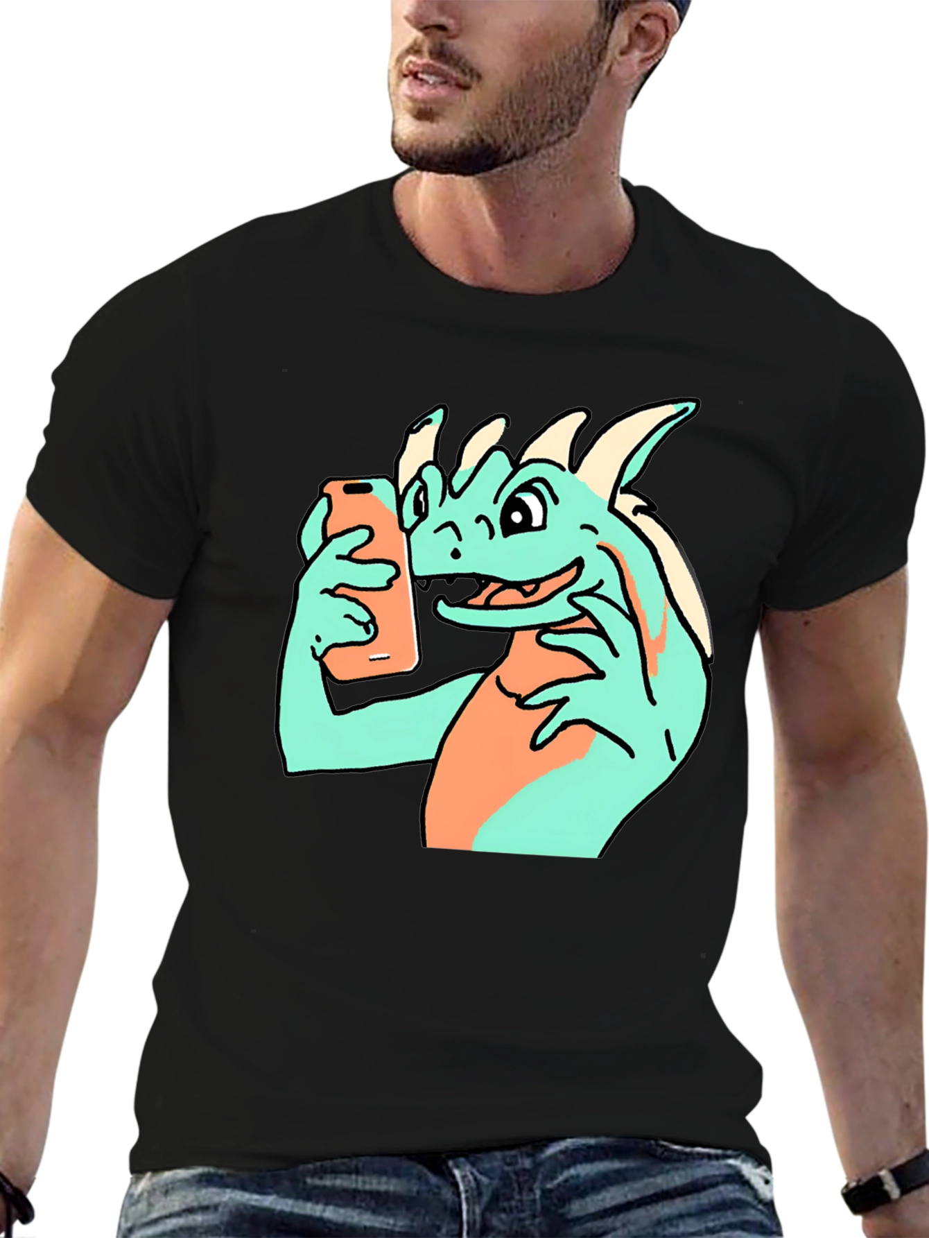 Black Funny Dragon Selfie Black T-Shirt view 6