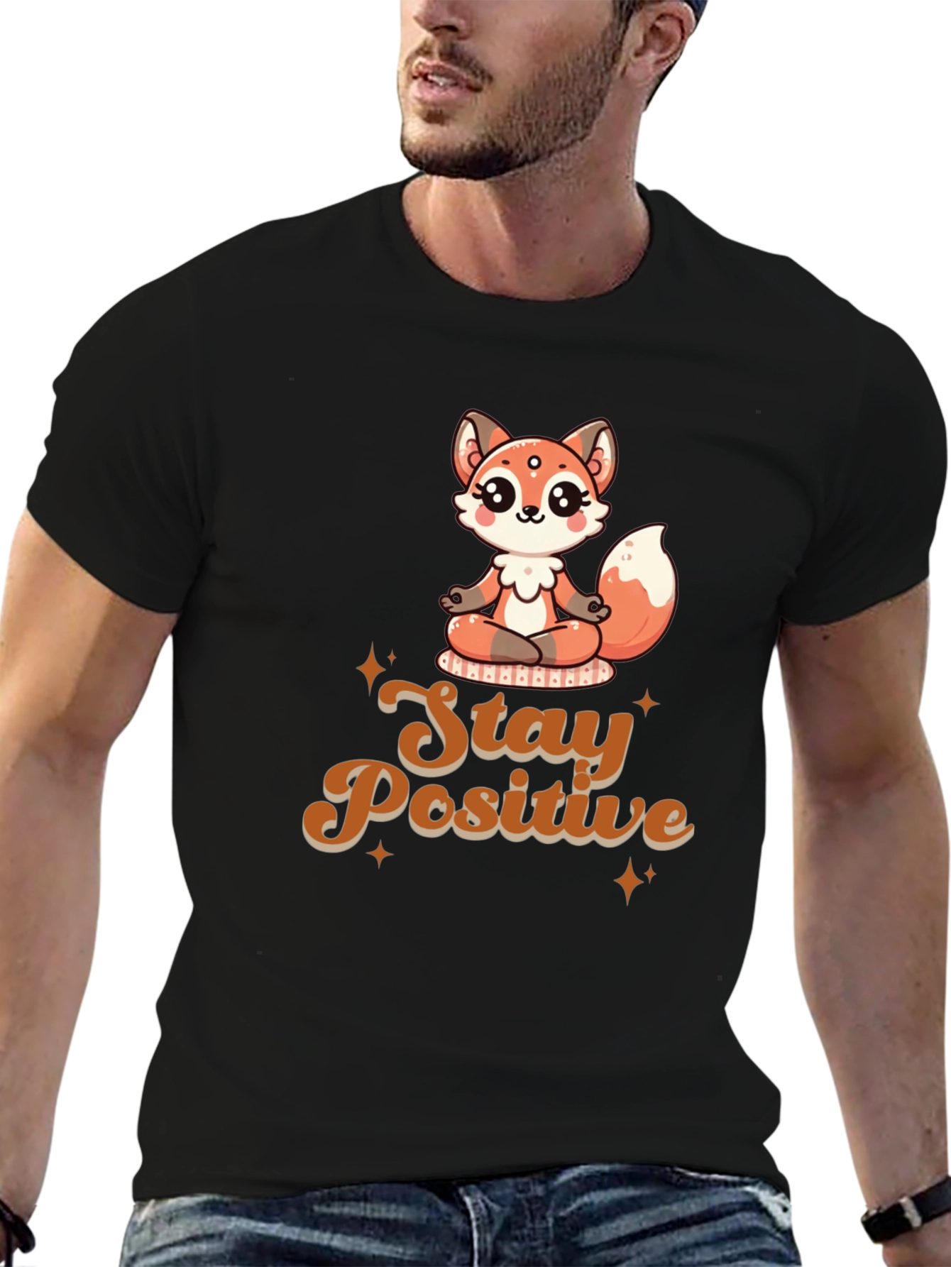 Black Stay Positive Meditation Fox T-Shirt view 6