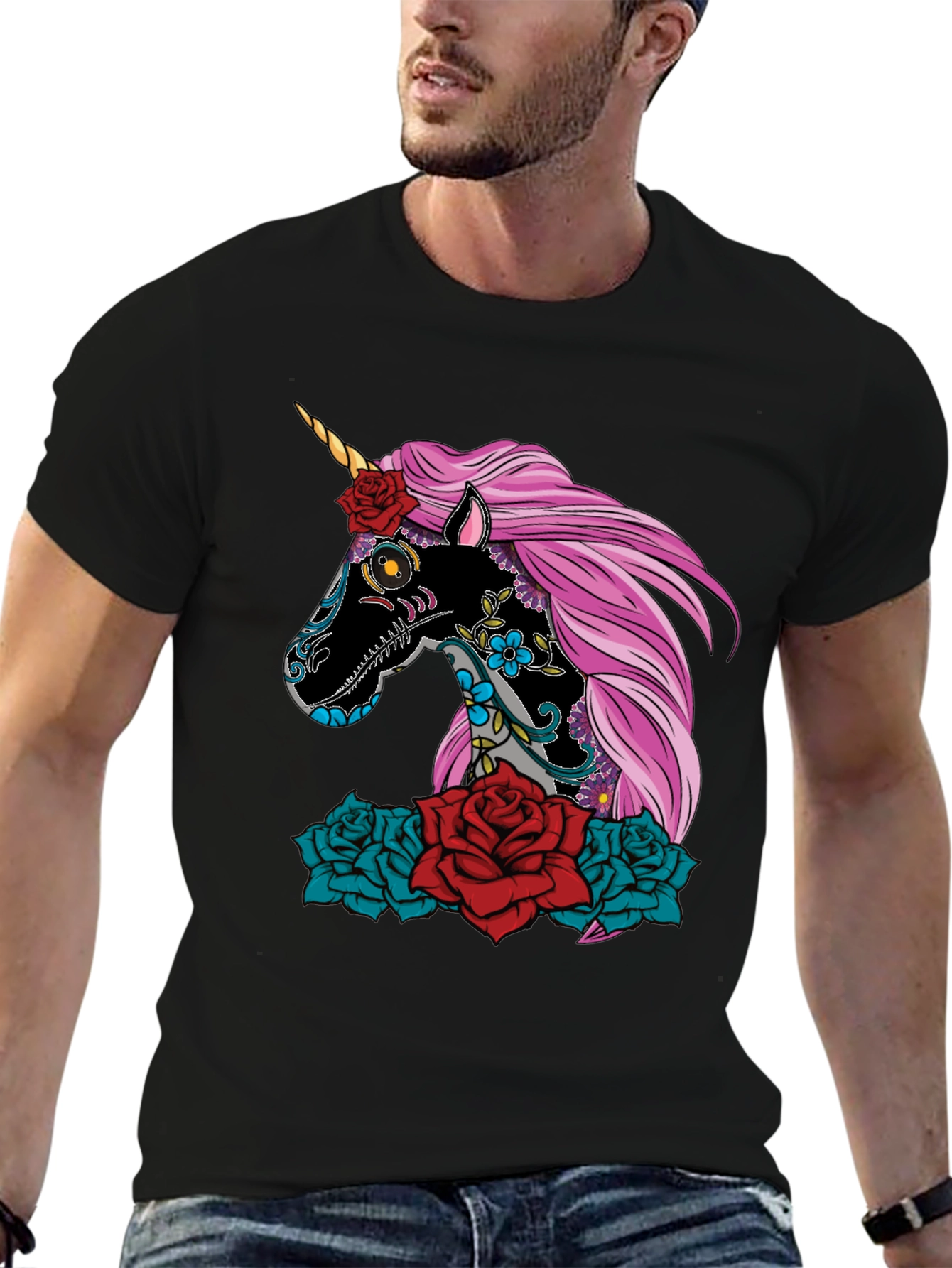 Black Sugar Skull Unicorn Rose T-Shirt view 6