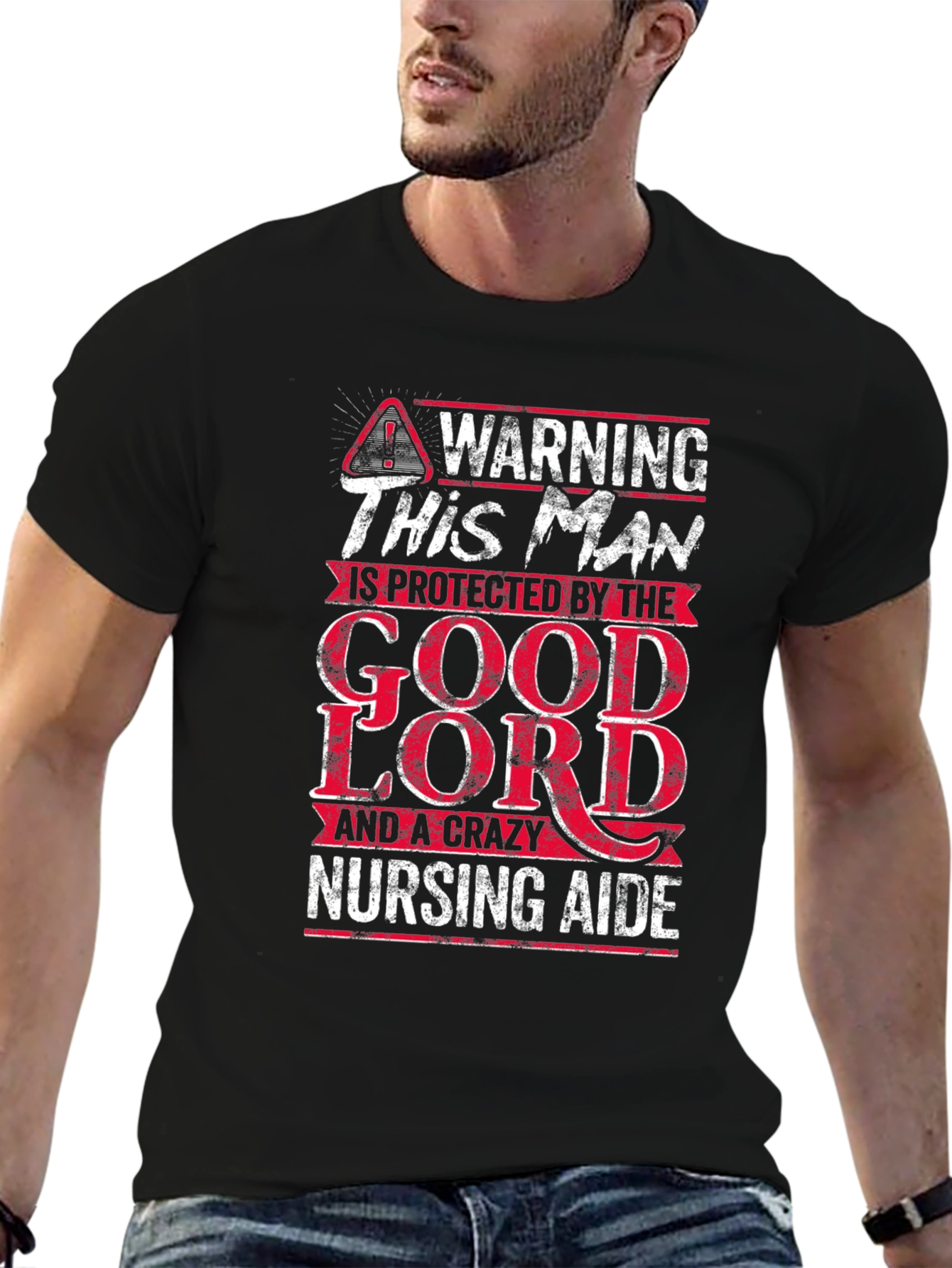 Black Warning Protected By Good Lord Nursing Aide T-Shirt view 6