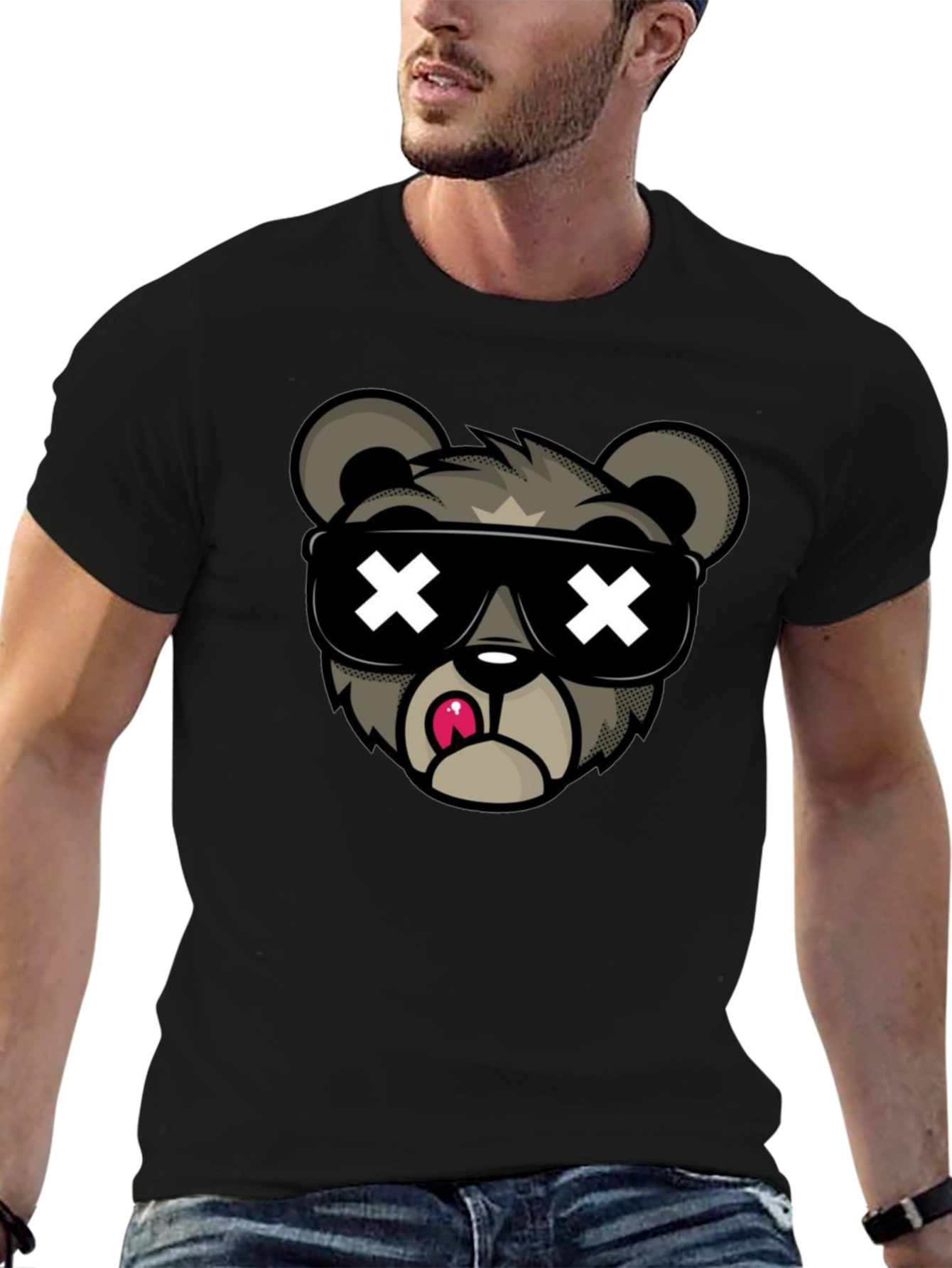 Black Cool Bear Graphic Tee - Black Cotton T-Shirt view 6