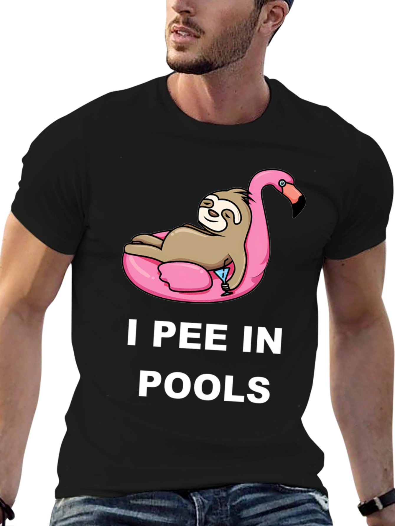Black Sloth on Flamingo Pool Float T-Shirt - I Pee in Pools view 6