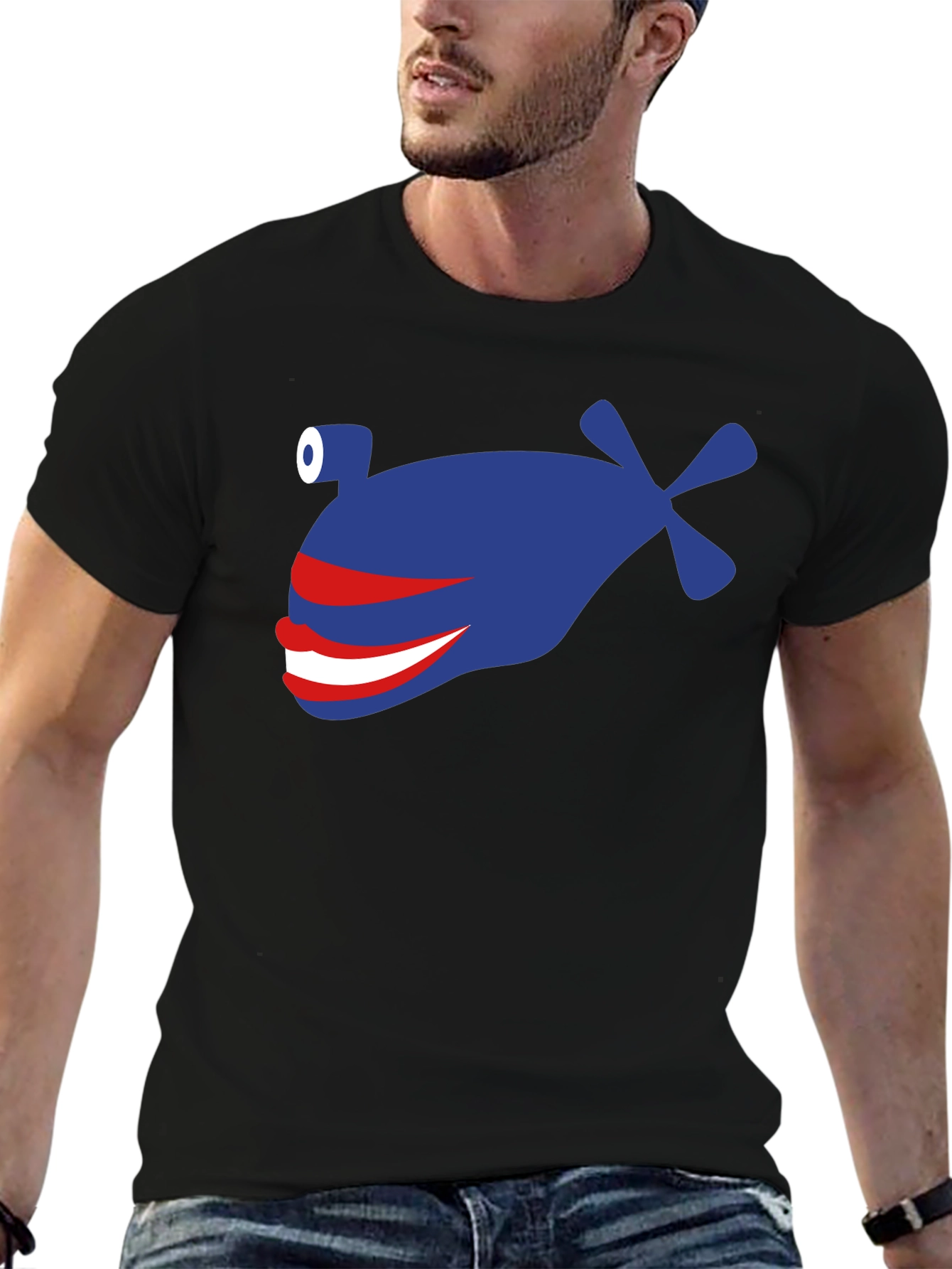 Black Funny Blue Fish Graphic T-Shirt - Crew Neck, Short Sleeve view 6