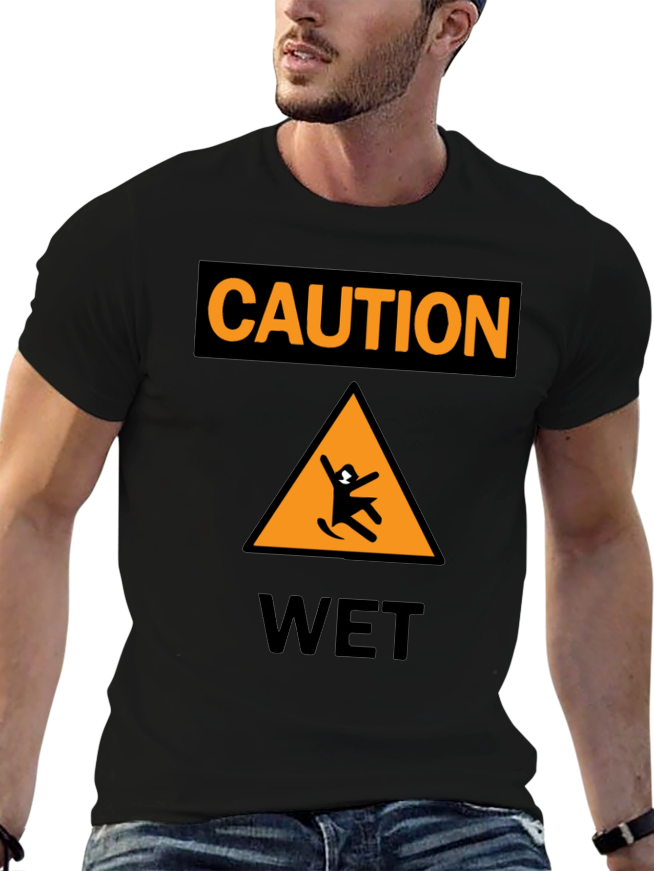 Black Caution Wet Floor Black Graphic T-Shirt view 6