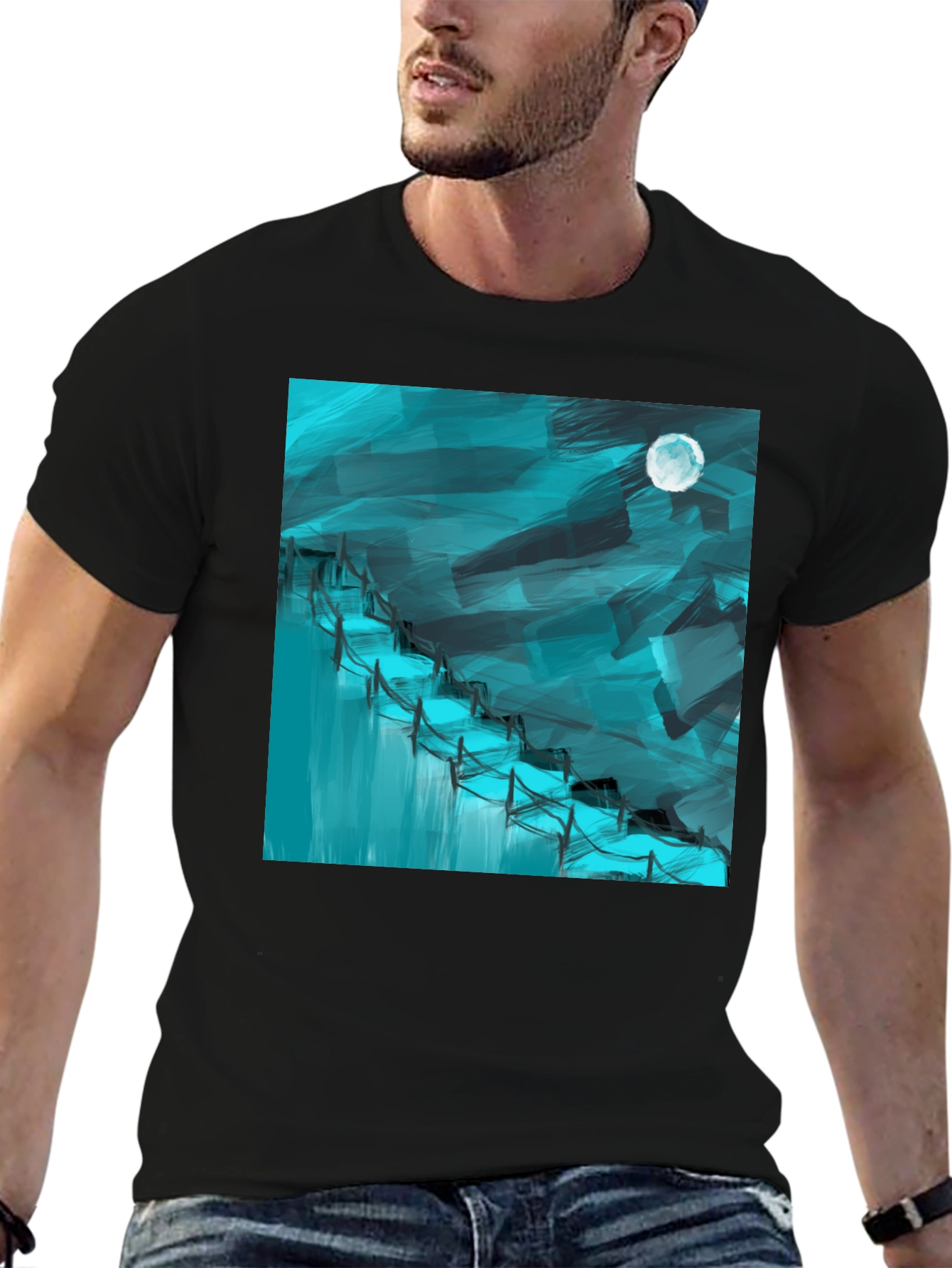 Black Abstract Moonlit Waterfall Graphic Tee - Black Cotton Blend view 6