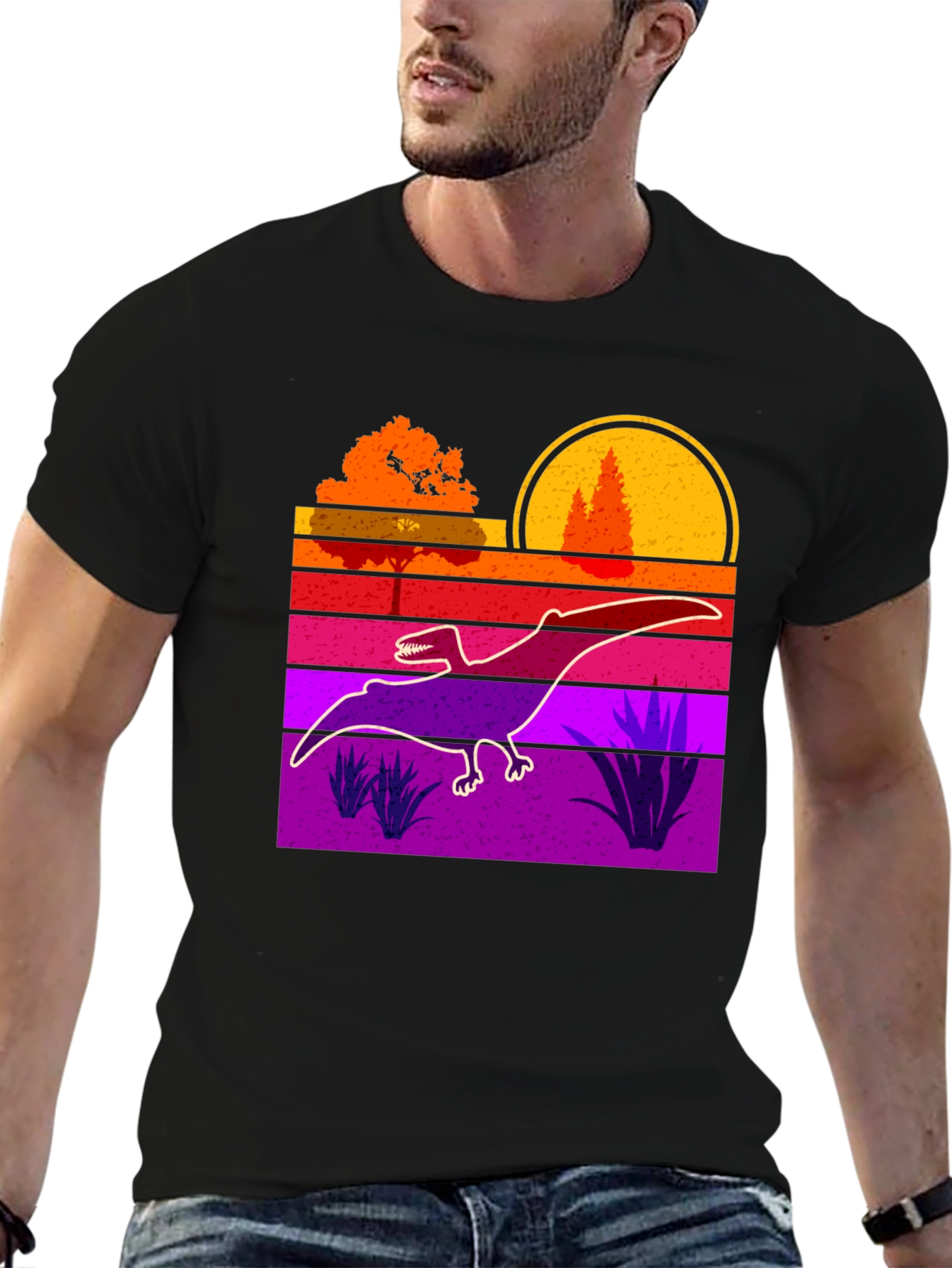 Black Retro Dinosaur Sunset Graphic Tee view 6