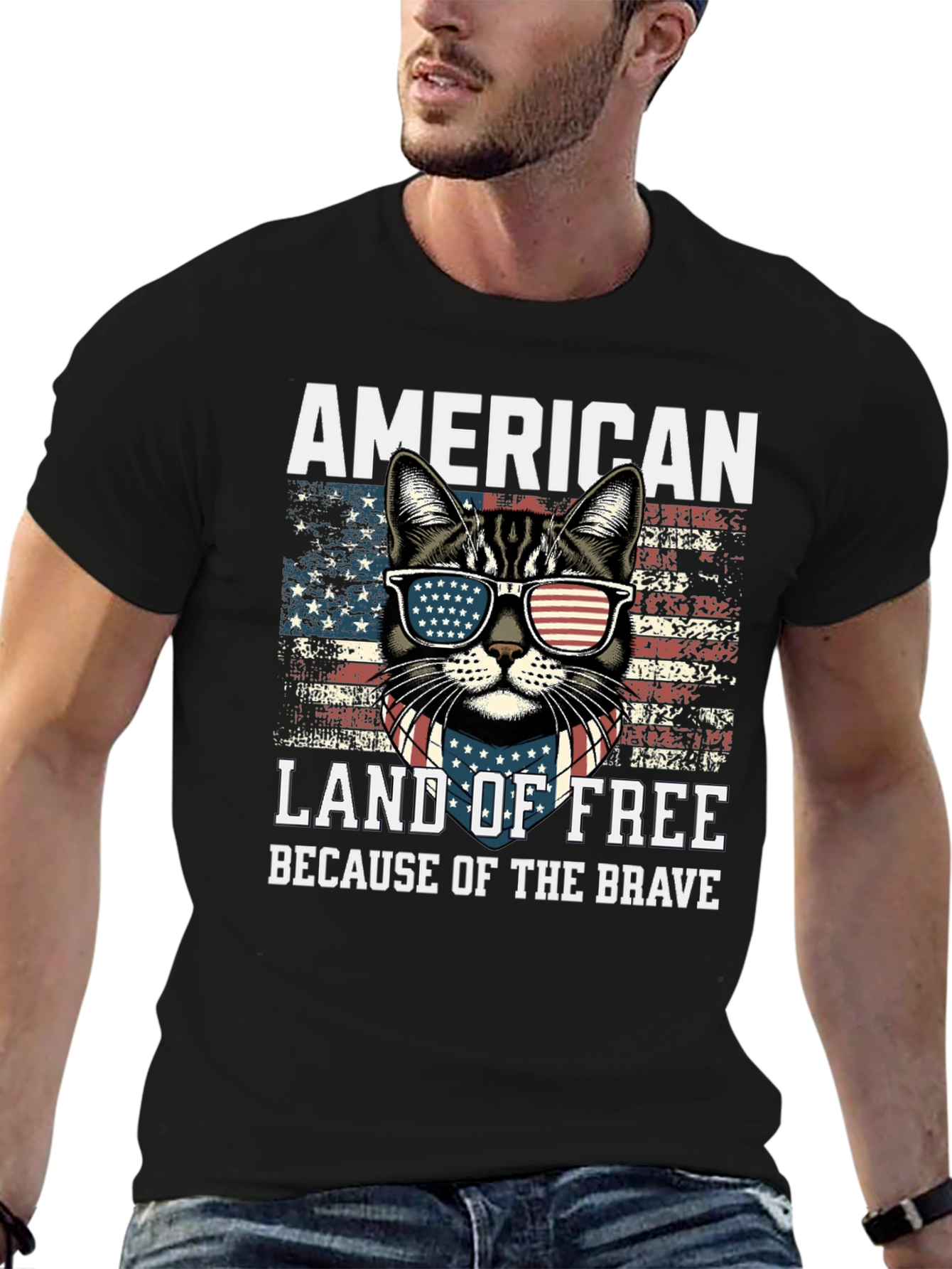 Black American Cat T-Shirt Land of Free view 6