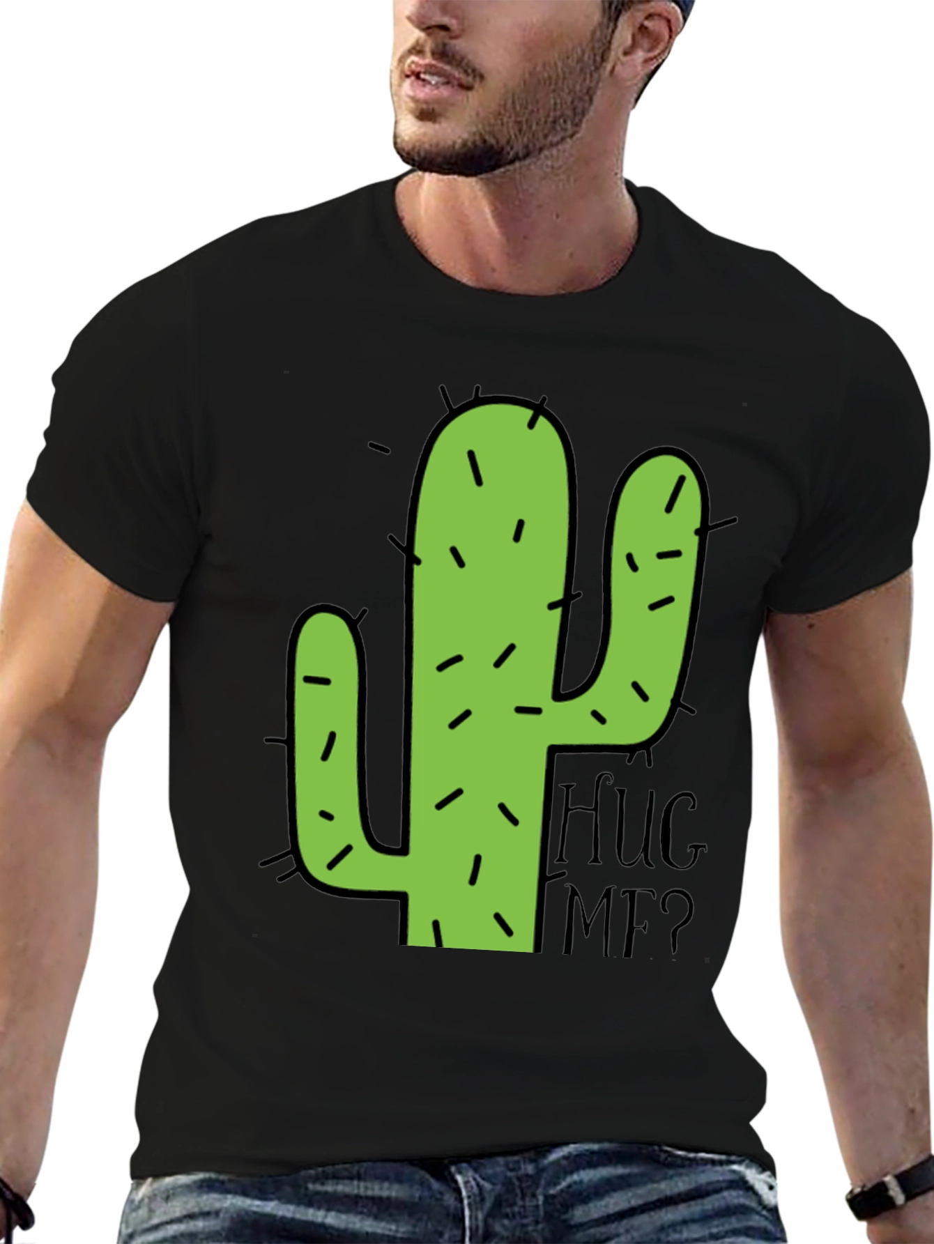Black Cactus Hug Me Men's Black Graphic T-Shirt view 6
