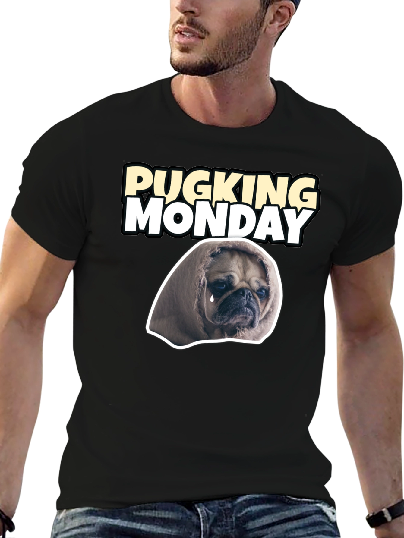 Black Pucking Monday Sad Pug Graphic T-Shirt view 6