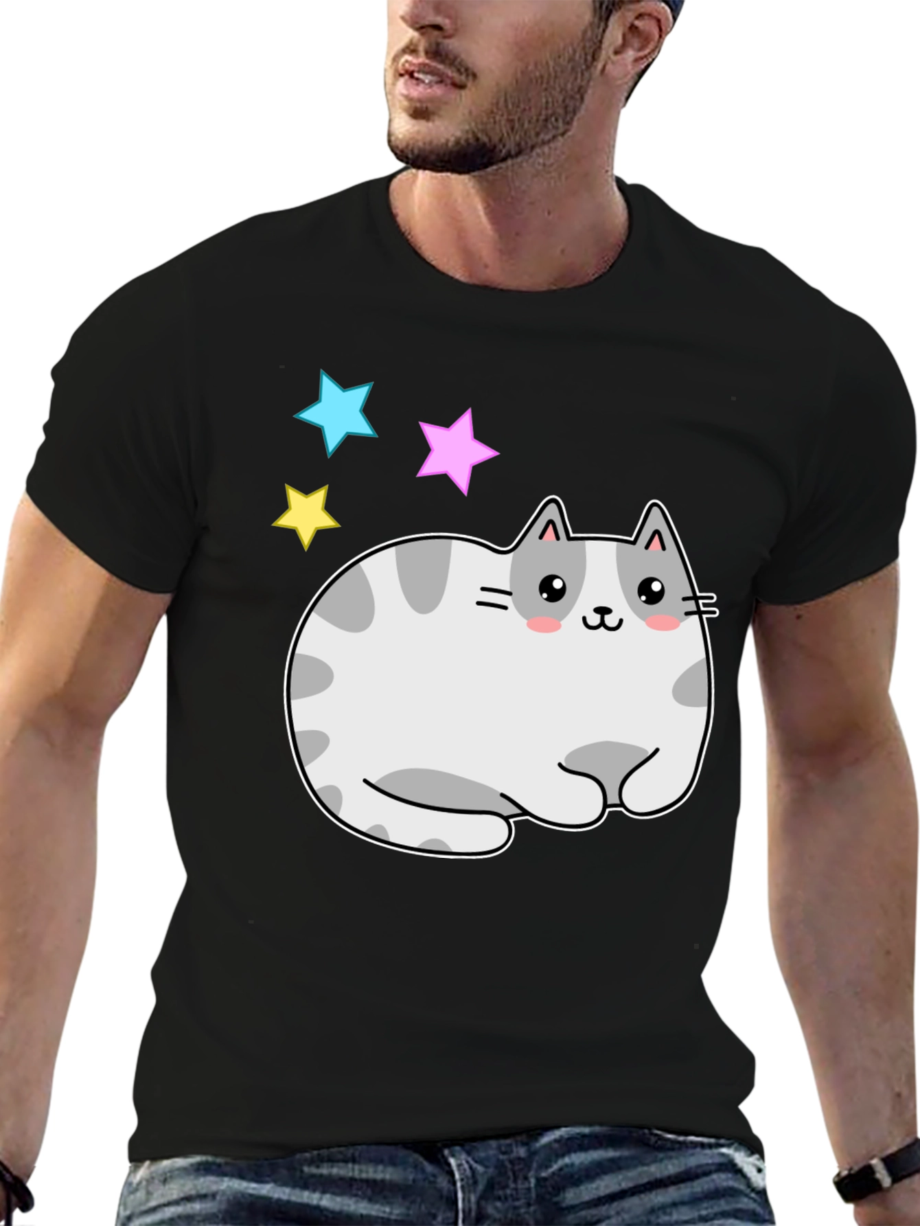 Black Cute Kawaii Cat Stars Graphic T-Shirt view 6