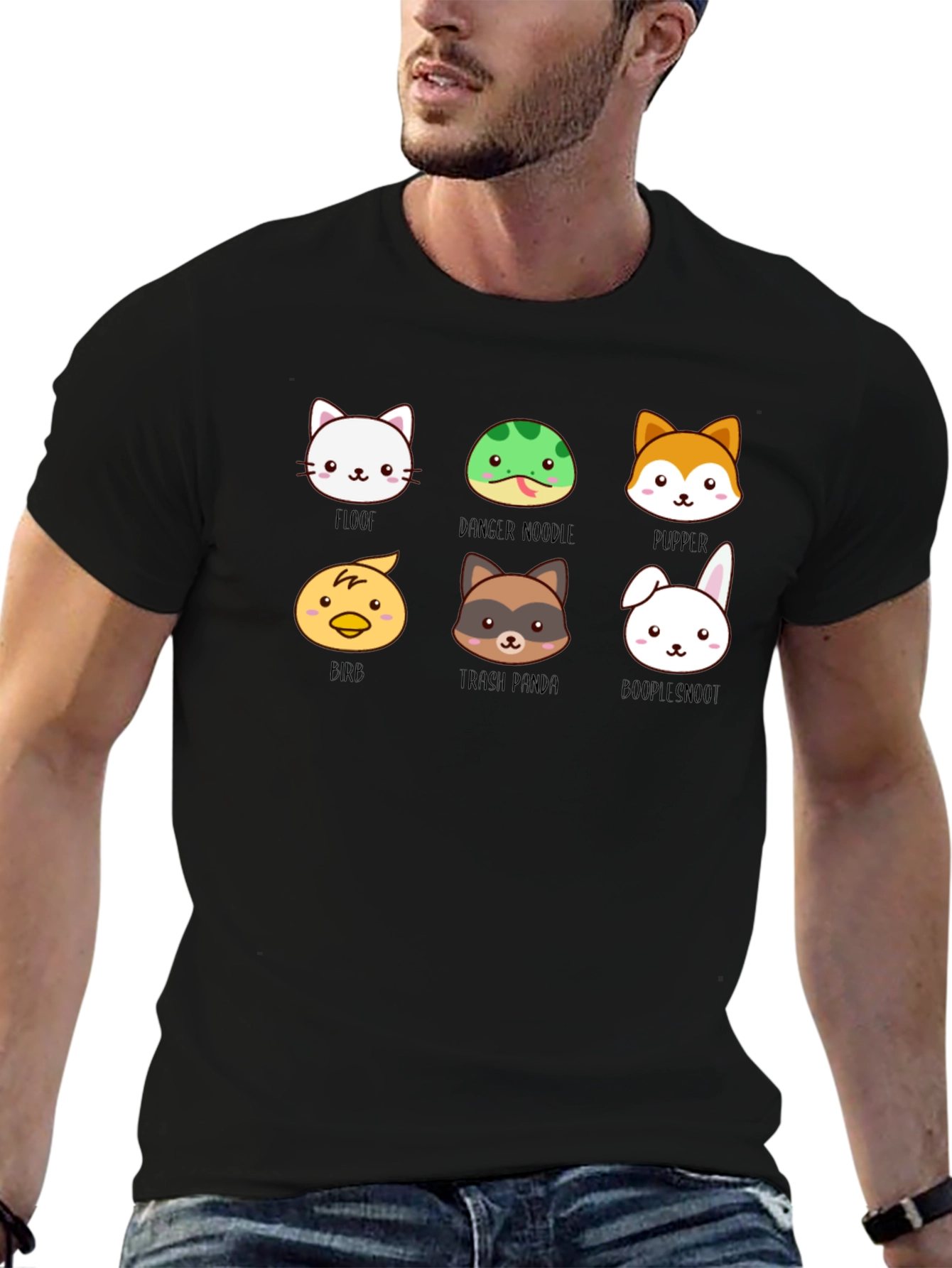 Black Cute Animal Faces Black T-Shirt view 6