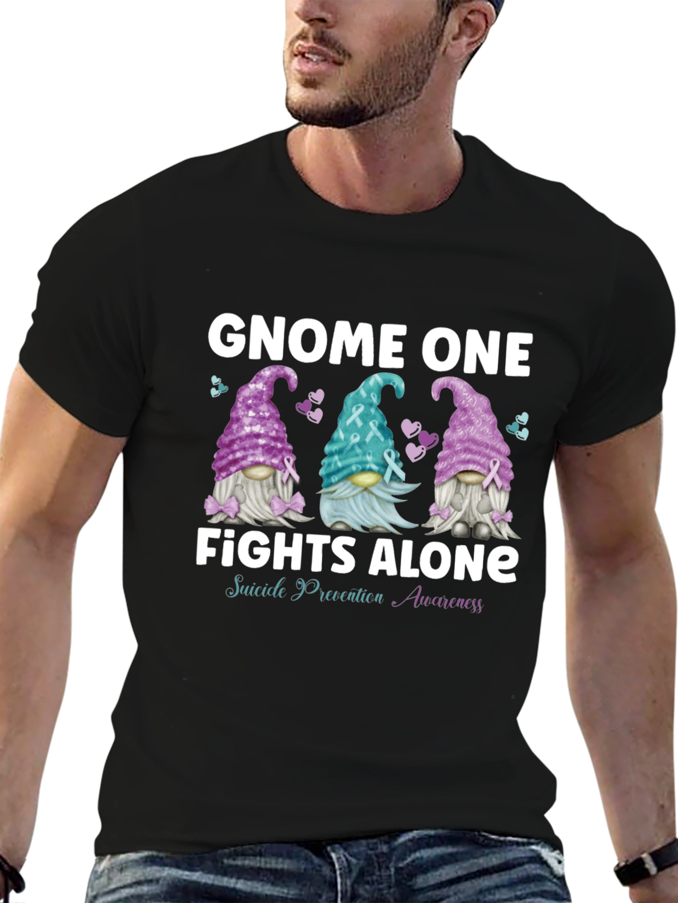 Black Gnome One Fights Alone Suicide Awareness T-Shirt view 6
