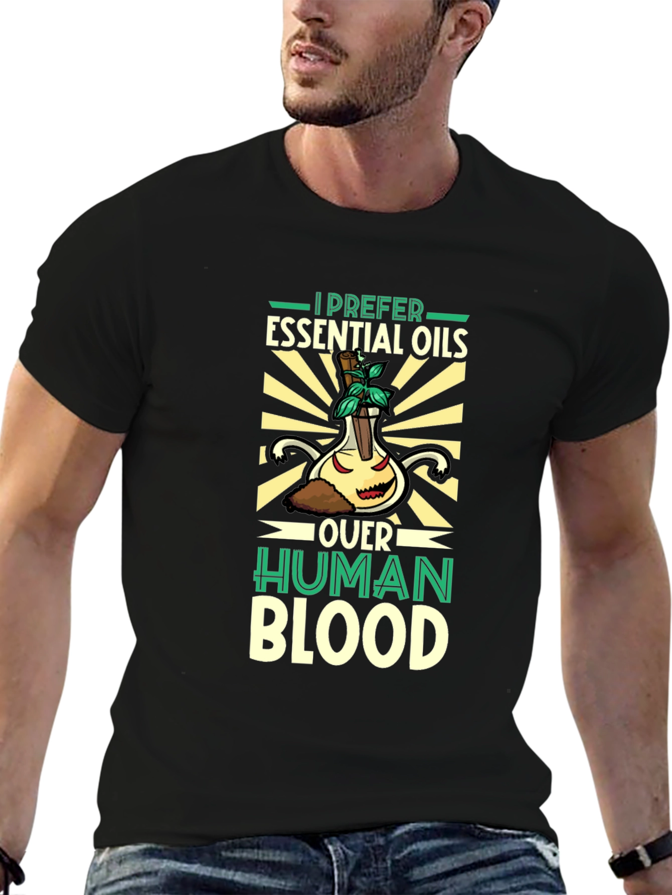 Black Essential Oils Over Human Blood T-Shirt view 6