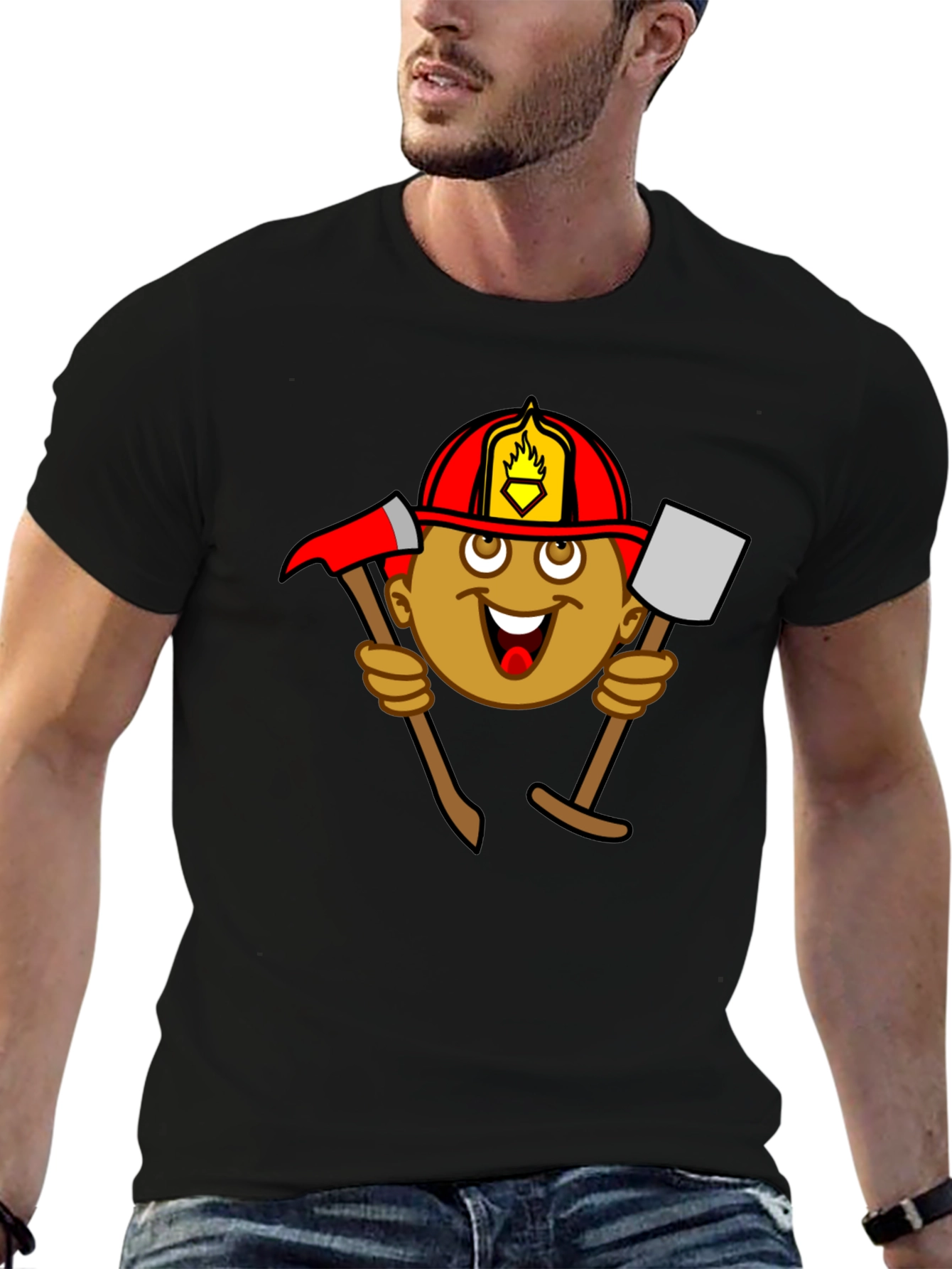 Black Firefighter Cartoon Graphic Tee - Black view 6