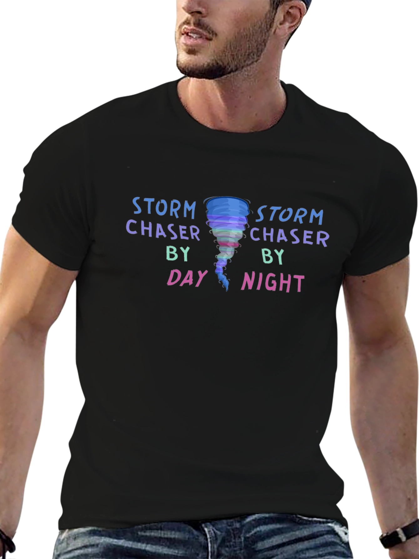 Black Storm Chaser T-Shirt: Day & Night Tornado Design view 6