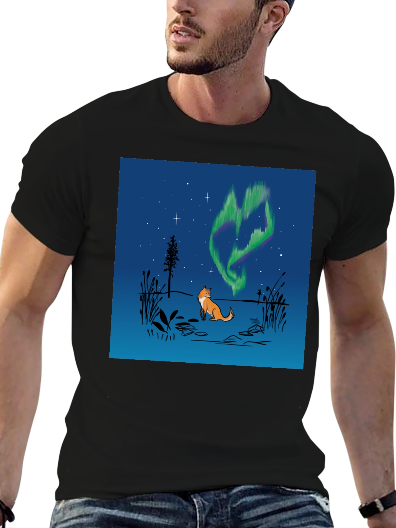 Black Fox & Aurora Borealis Graphic Tee view 6