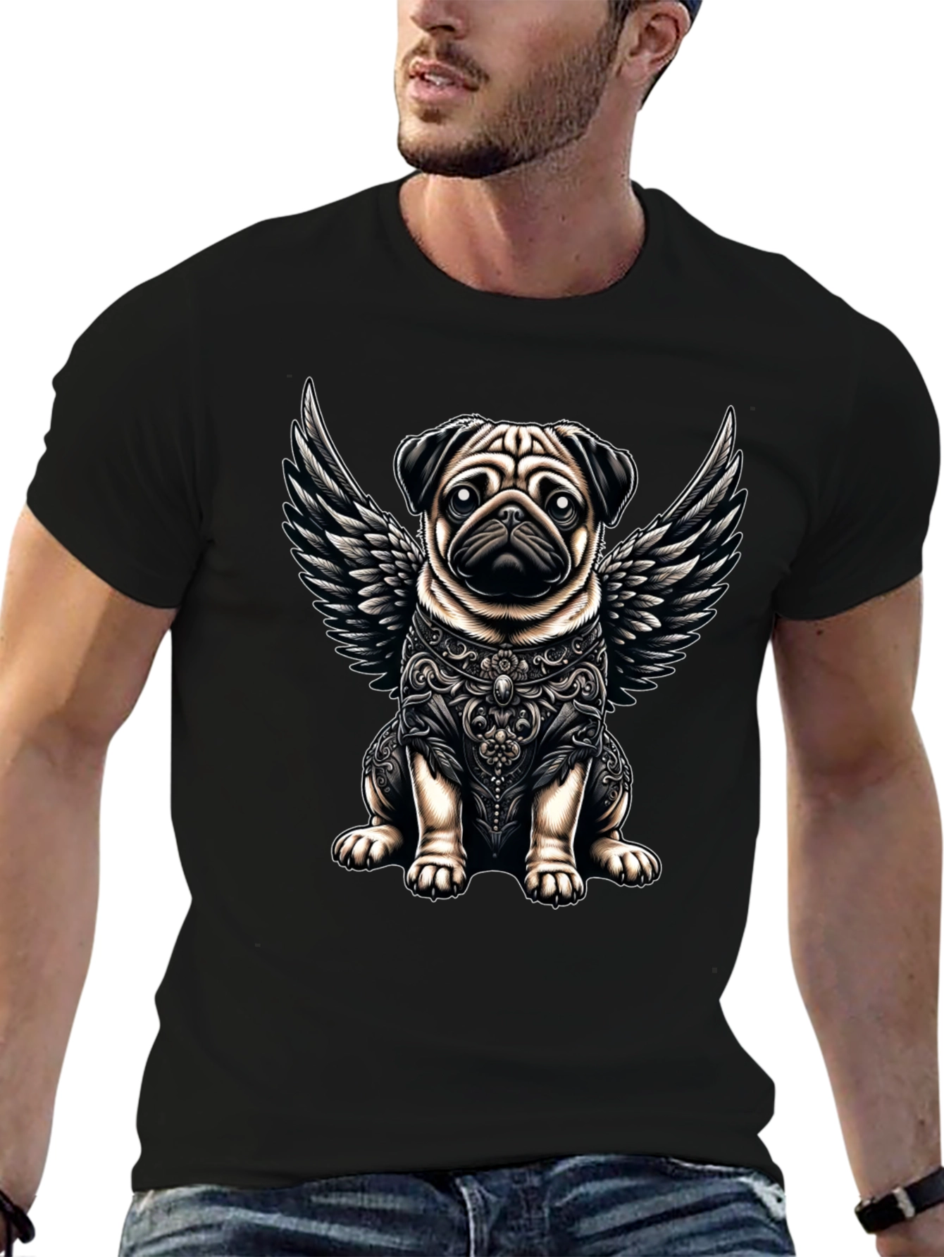 Black Angel Pug Graphic Tee - Stylish Black T-Shirt view 6
