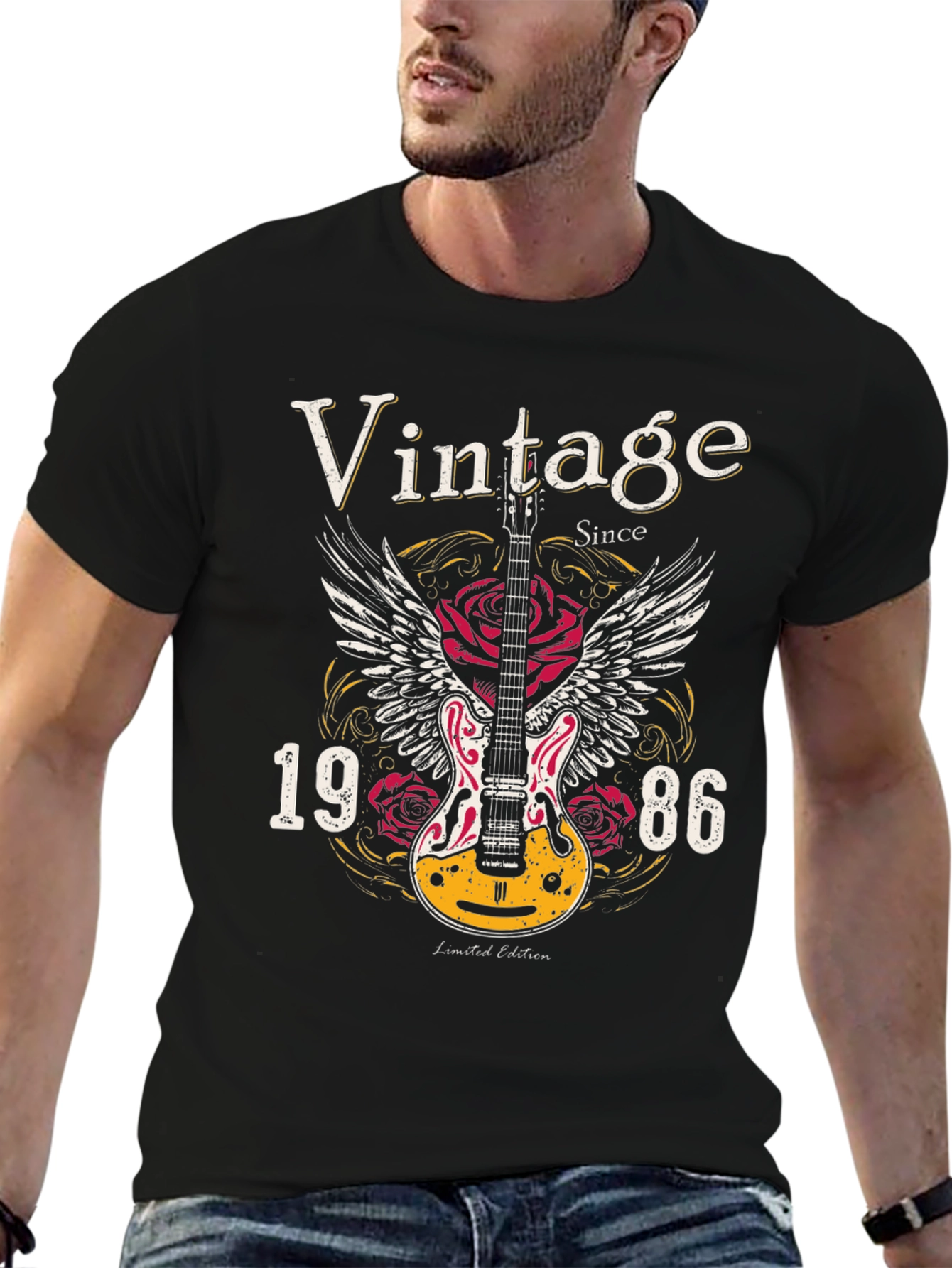 Black Vintage 1986 Guitar Wings T-Shirt view 6