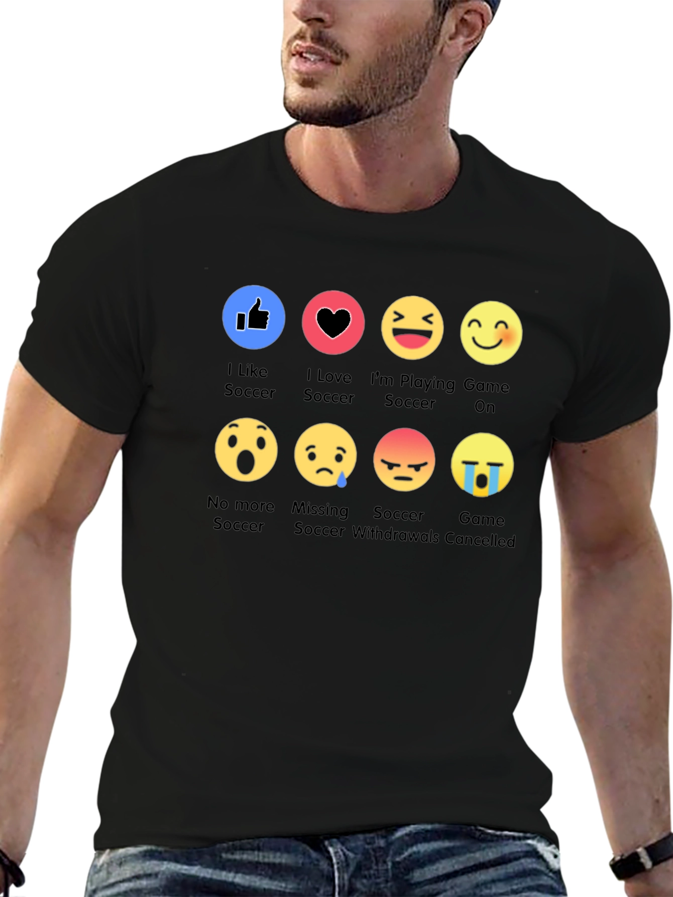 Black Soccer Emoji Black T-Shirt: I Like Soccer Graphic Tee view 6