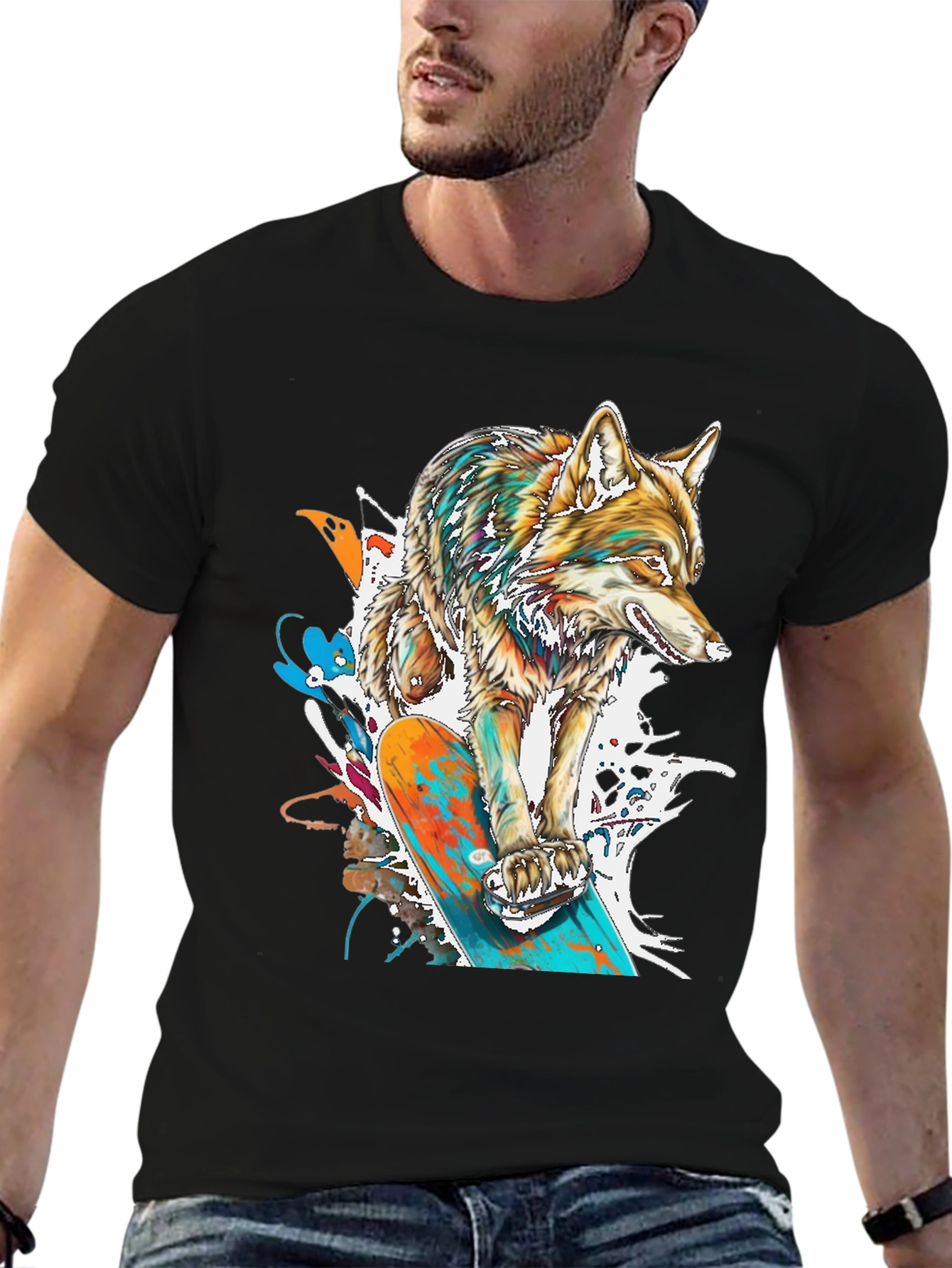 Black Skateboarding Wolf Graphic T-Shirt - Cool Animal Tee view 6